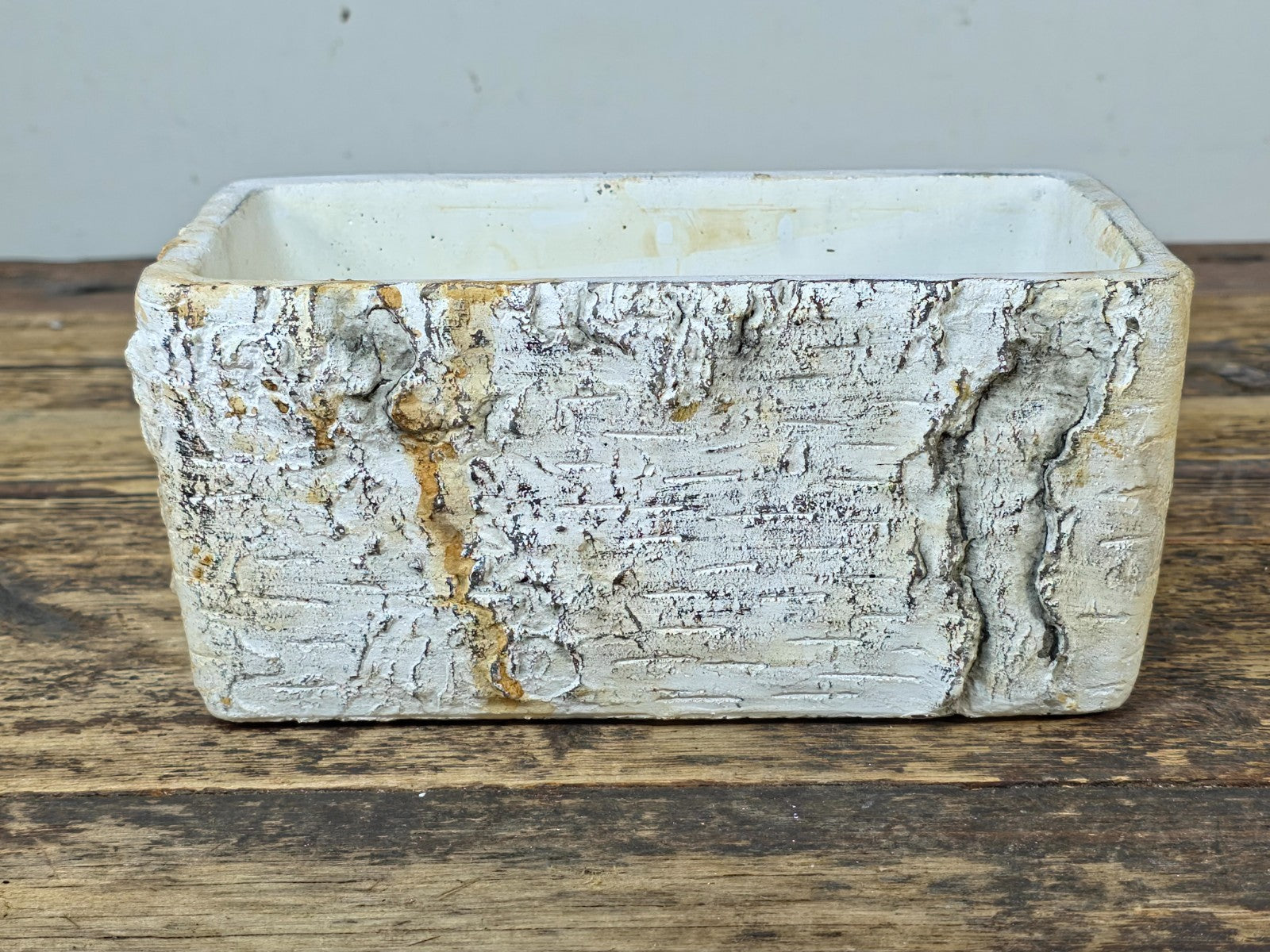 Birch Bark Texture Cement Planter – Rustic White Rectangular Pot 8.5"