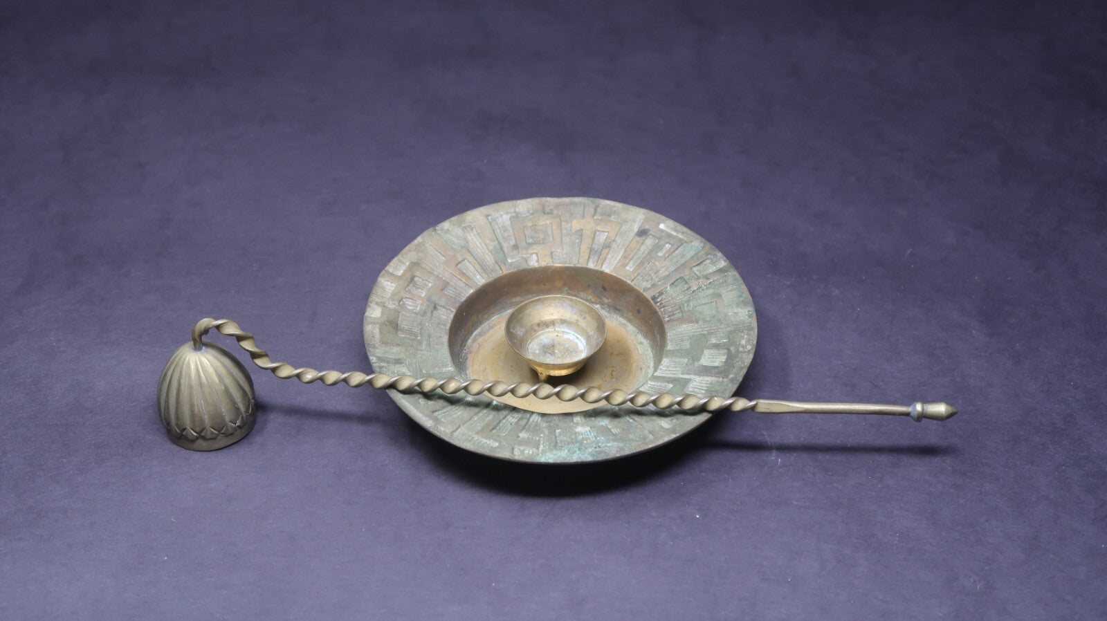 3 Piece Set Asian Style Brass Candle Holder With Snuffer Vintage