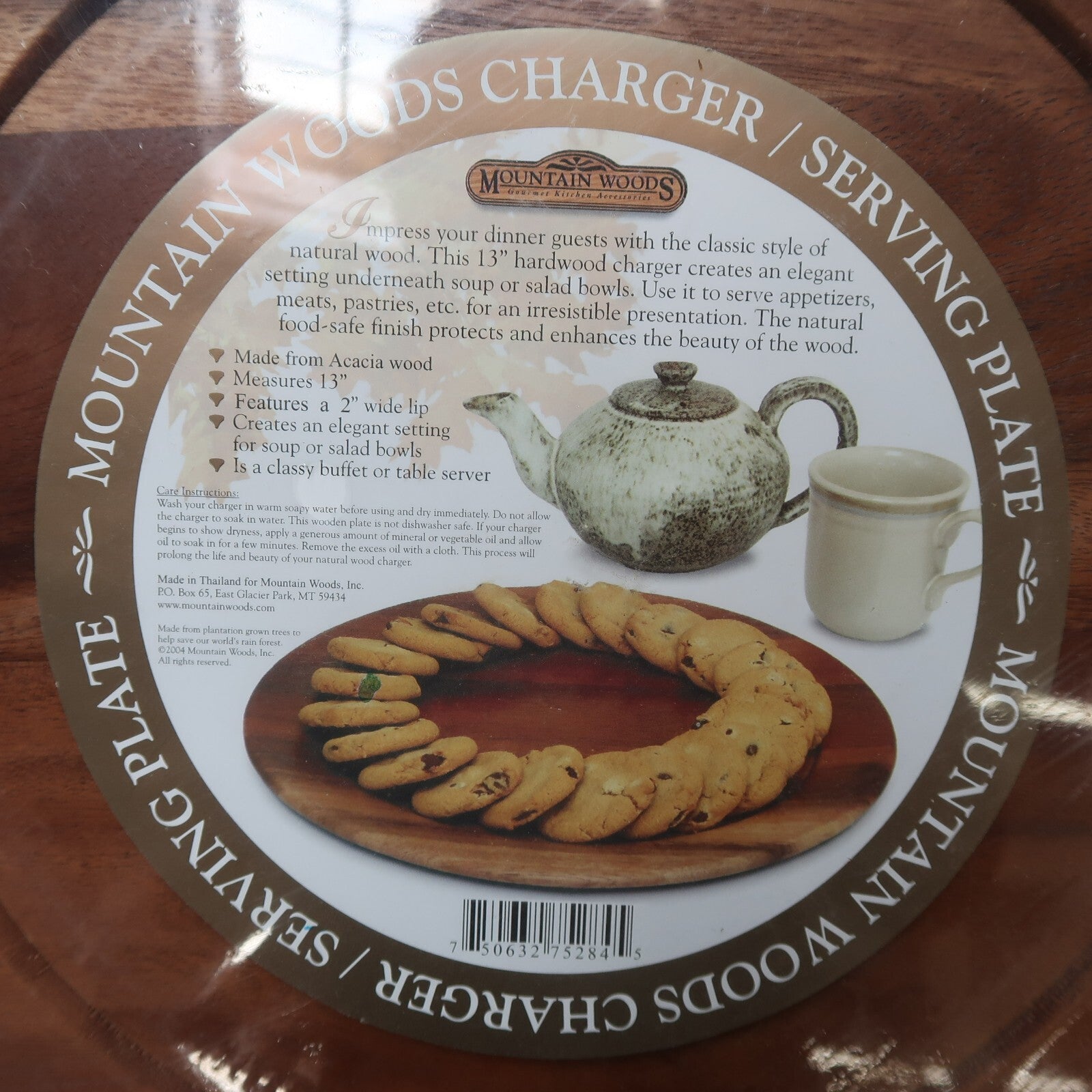 Acacia Wood Round Wood Plates 13" with 2" Wide Lip (Set of 5) NOS