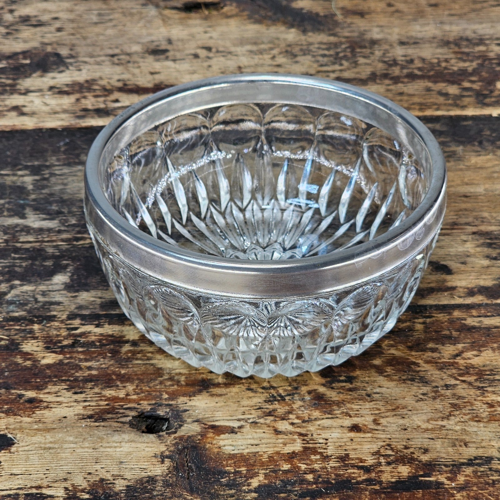 Vintage Pressed Glass Bowl with Silver-Tone Rim | Candy / Nut Dish