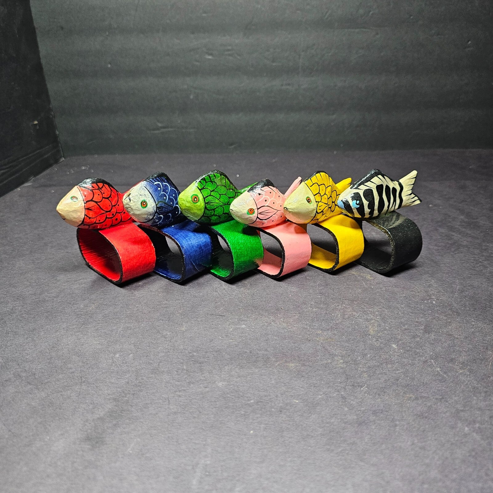 Set of 6 Colorful Hand Painted Teak Wood Fish Napkin Rings