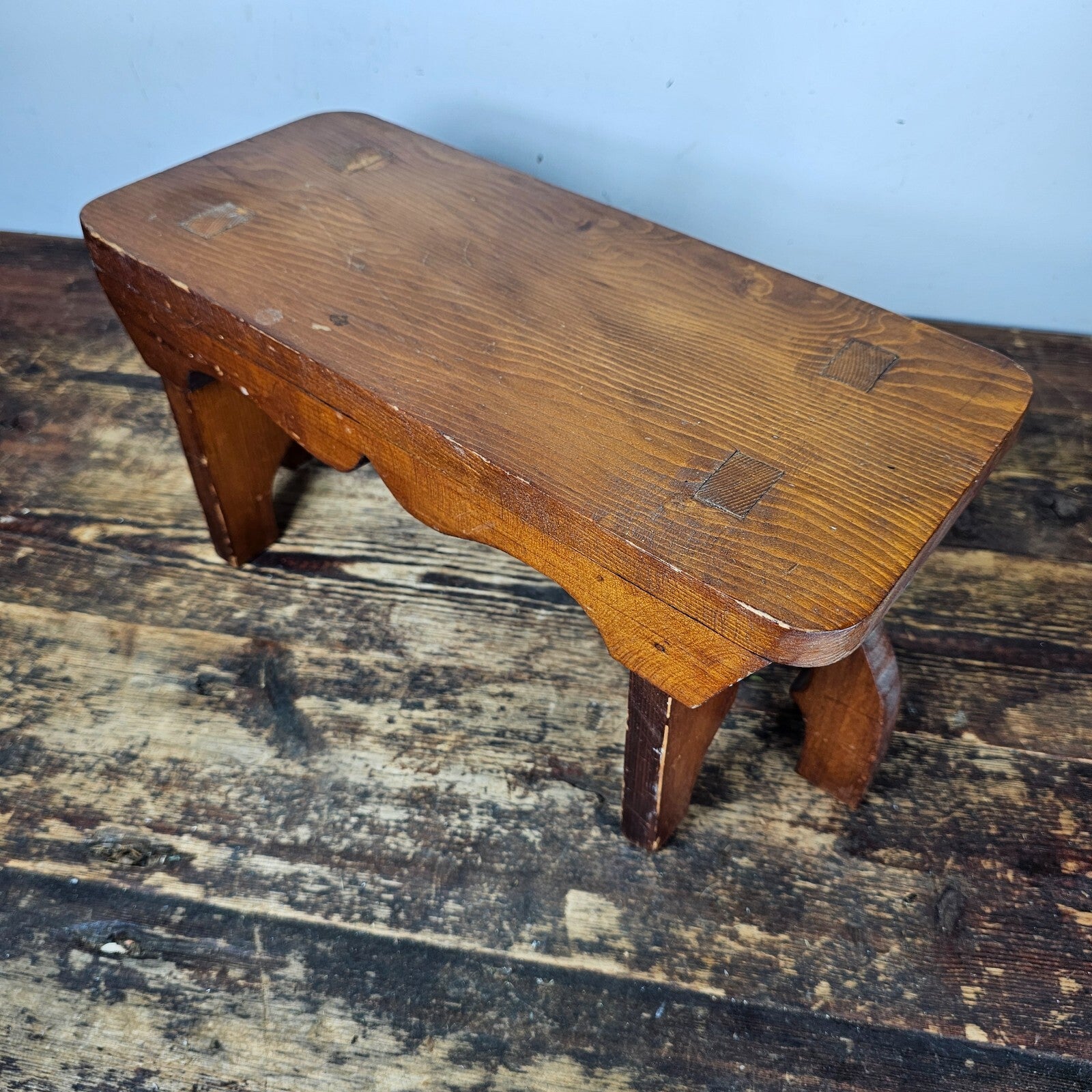 Vintage Arts and Crafts Style Handmade Vernacular Boarded Stool Signed 1970s