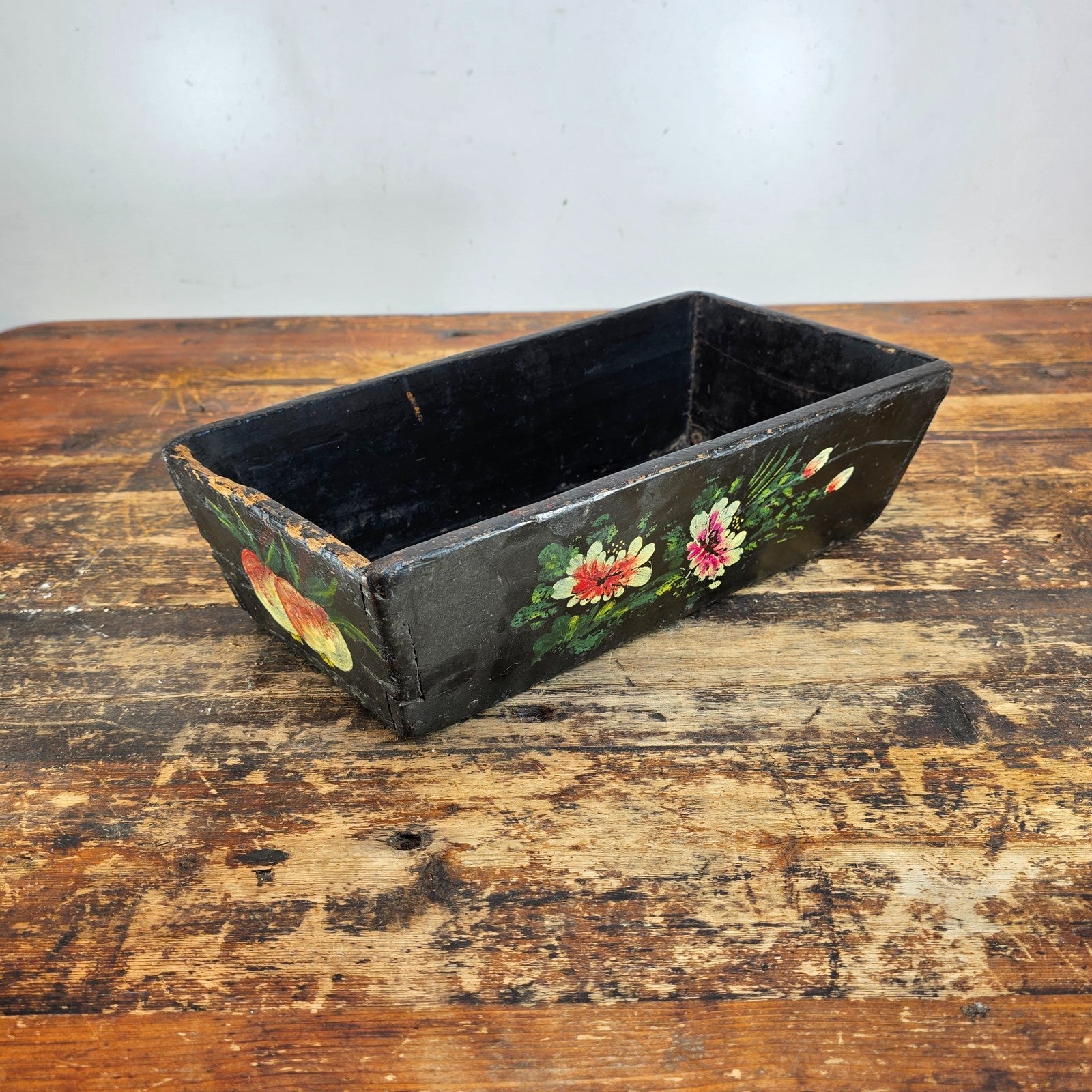 Antique Hand-Painted Wooden Box with Floral and Fruit Motif