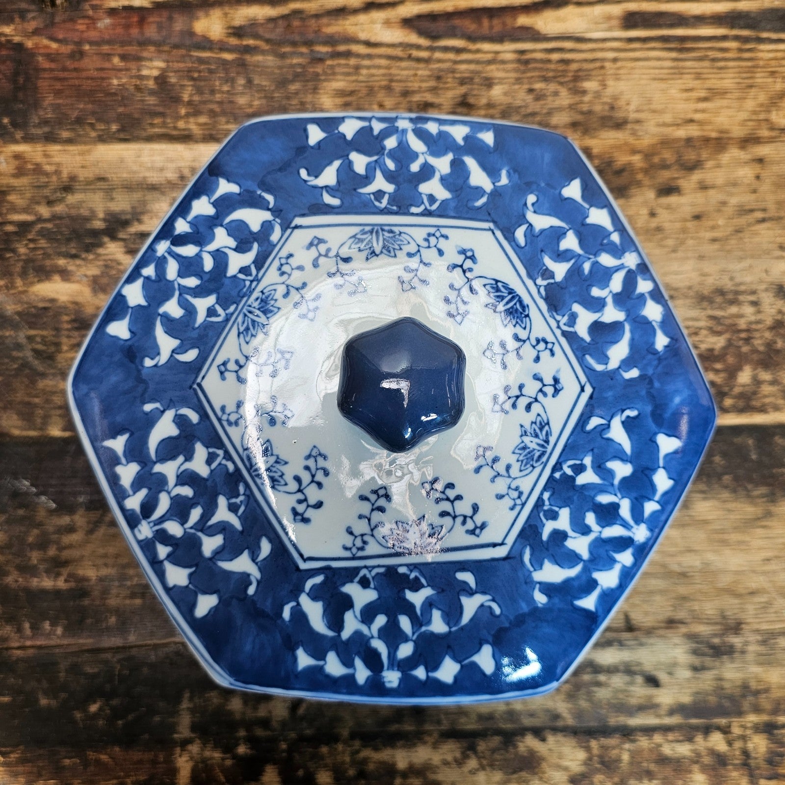 Vintage Blue & White Porcelain Chinoiserie Hexagonal Lidded Jar