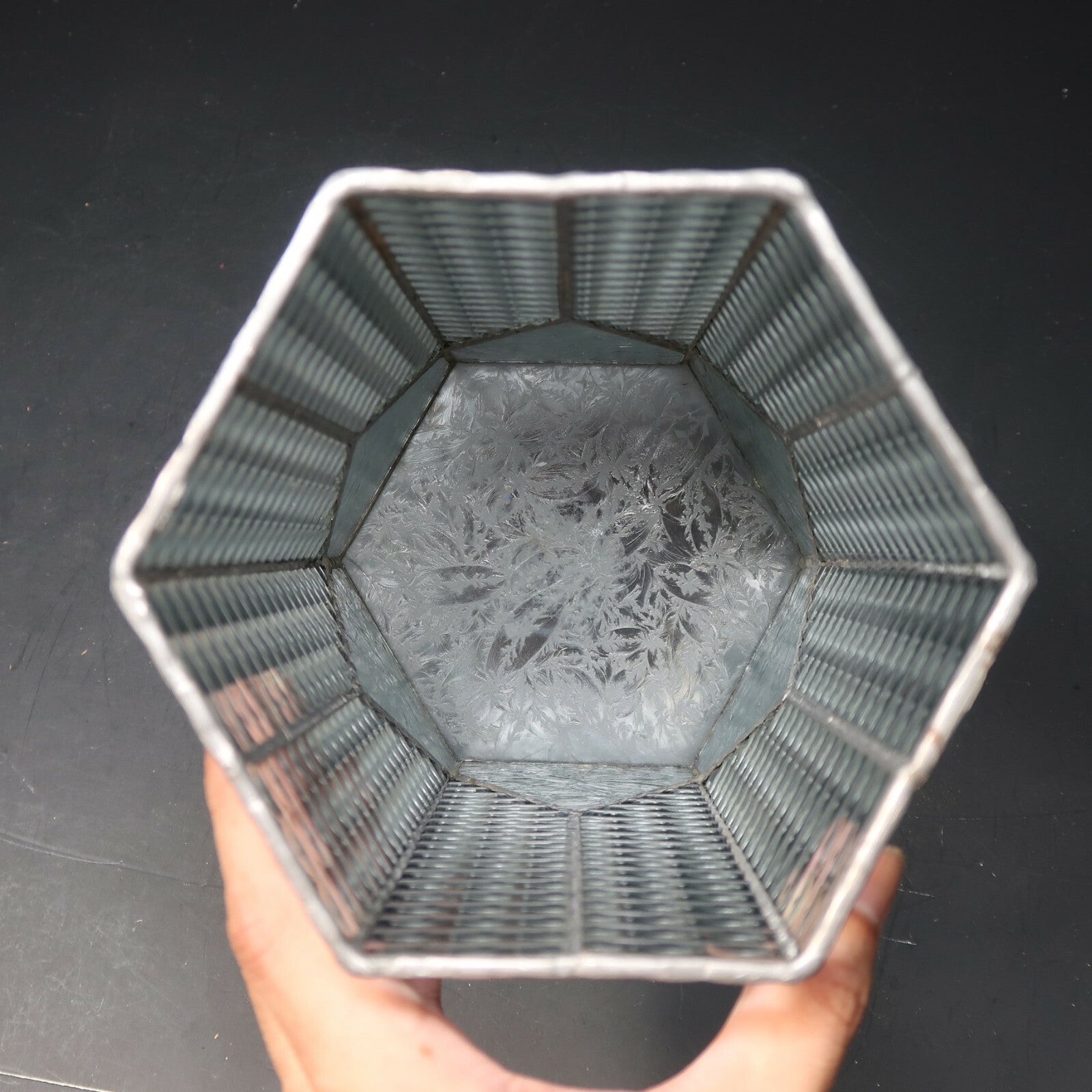 Vintage Leaded Glass Hexagonal Pillar Candle Hurricane Lamp H 10"