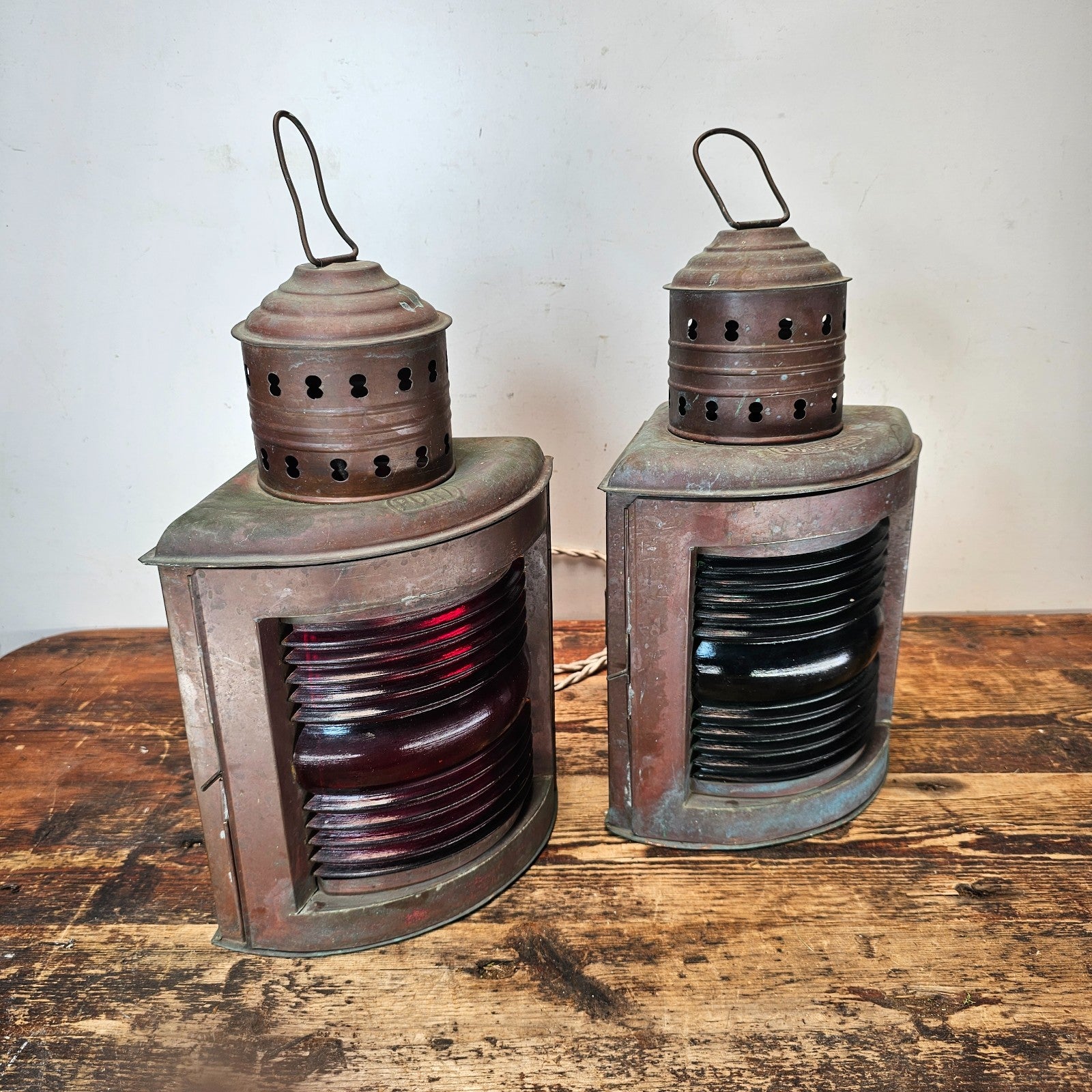 Authentic Vintage USA Copper Marine Lamps - Set of 2 Red/Green Ship Lights