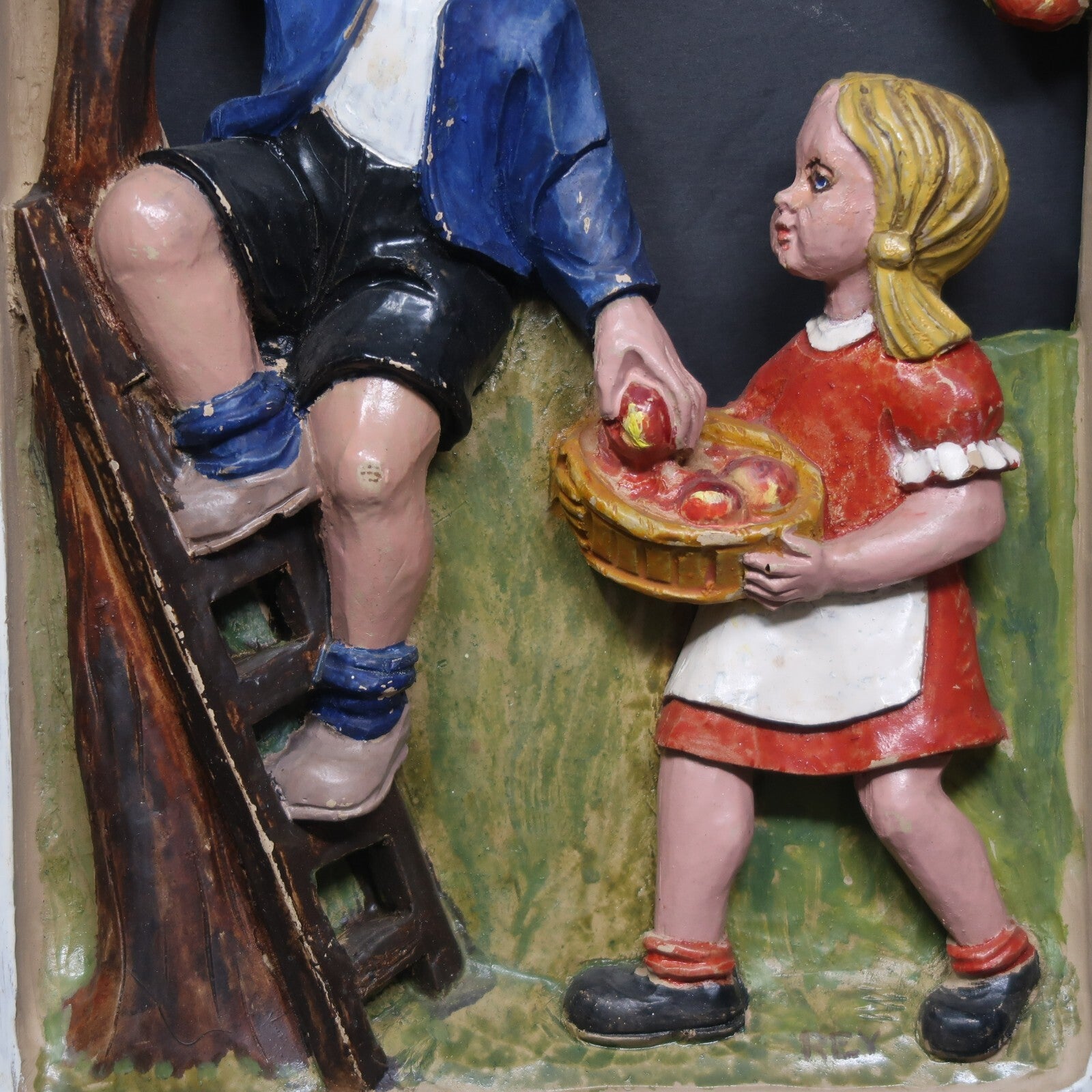 Brother and Sister Gathering Apples Faux Wood Framed Art