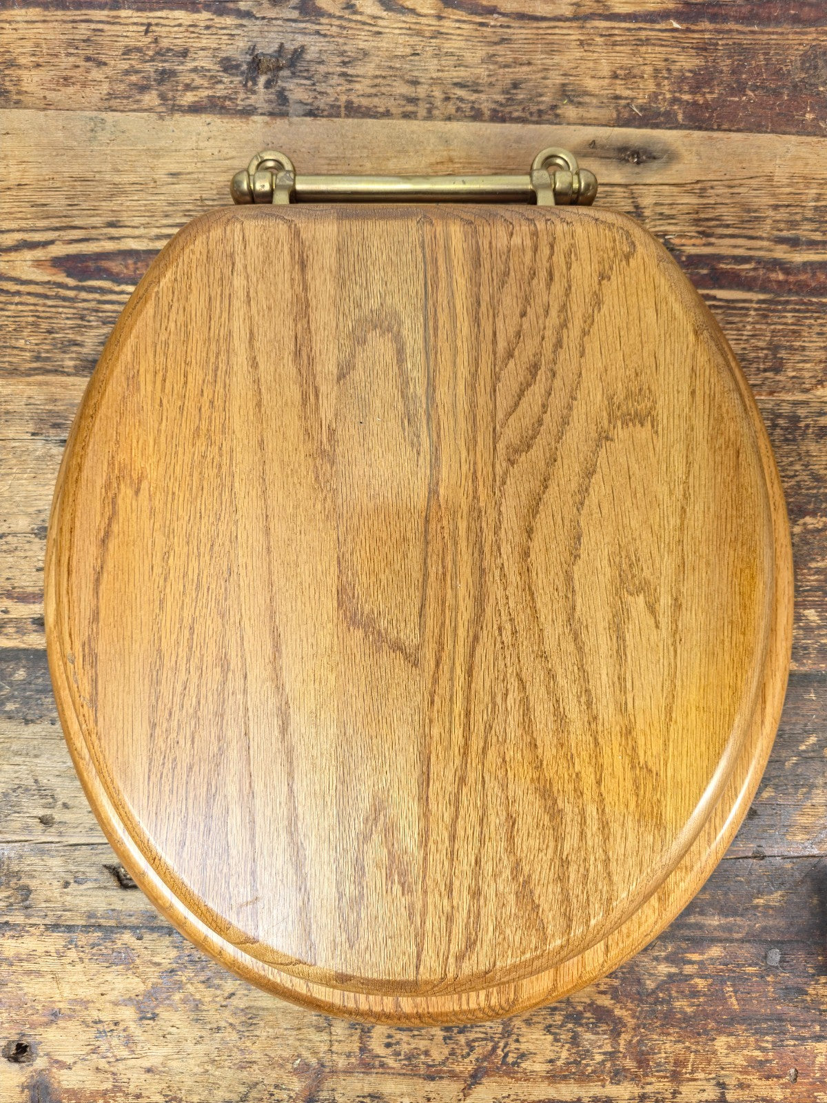 Vintage Solid Oak Toilet Seat w/ Brass Hinges “C.S.” Mark – Made in Taiwan R.O.C