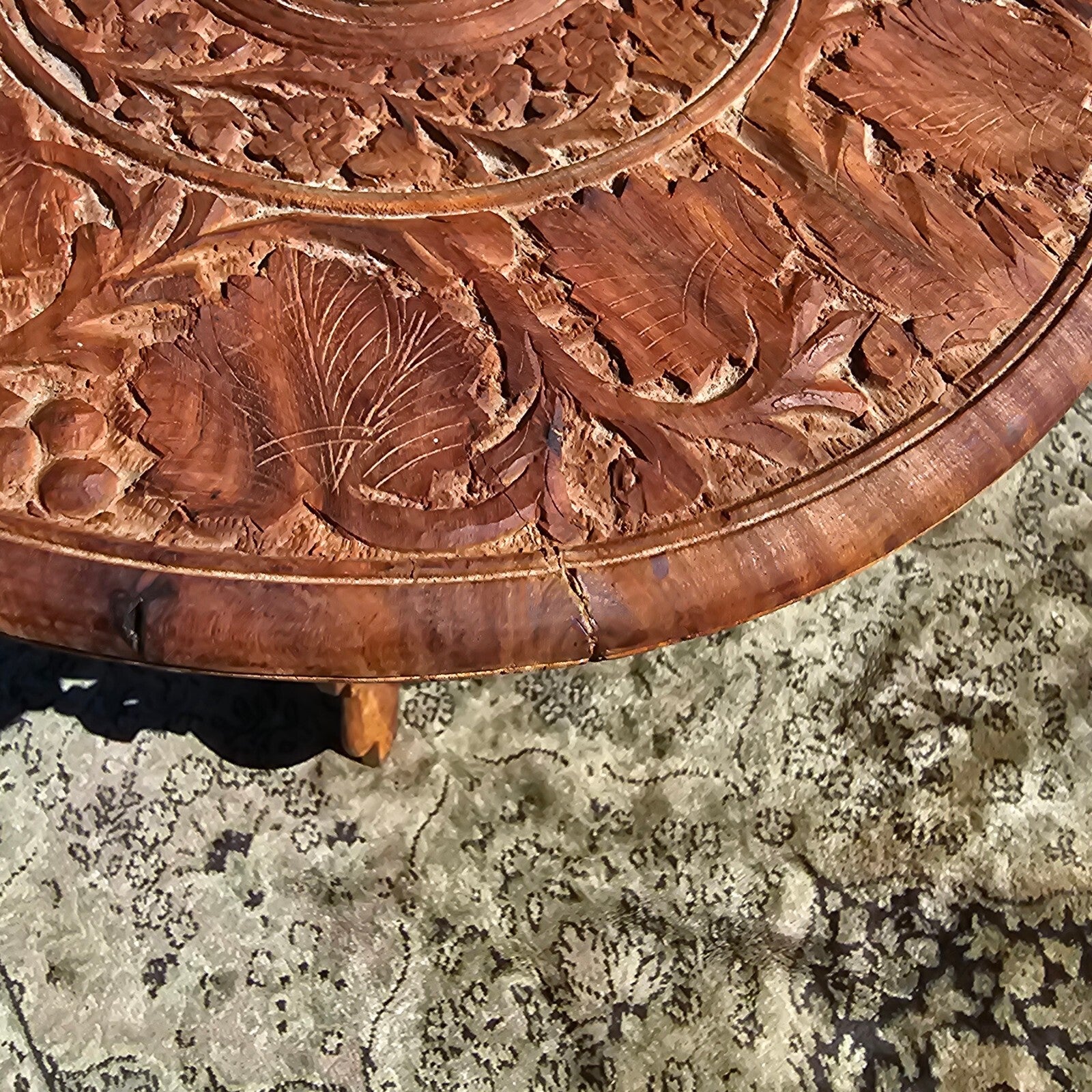 Vintage Indian Hand-Carved Small Wooden Table/Plant Stand 14"Diam x 16"H