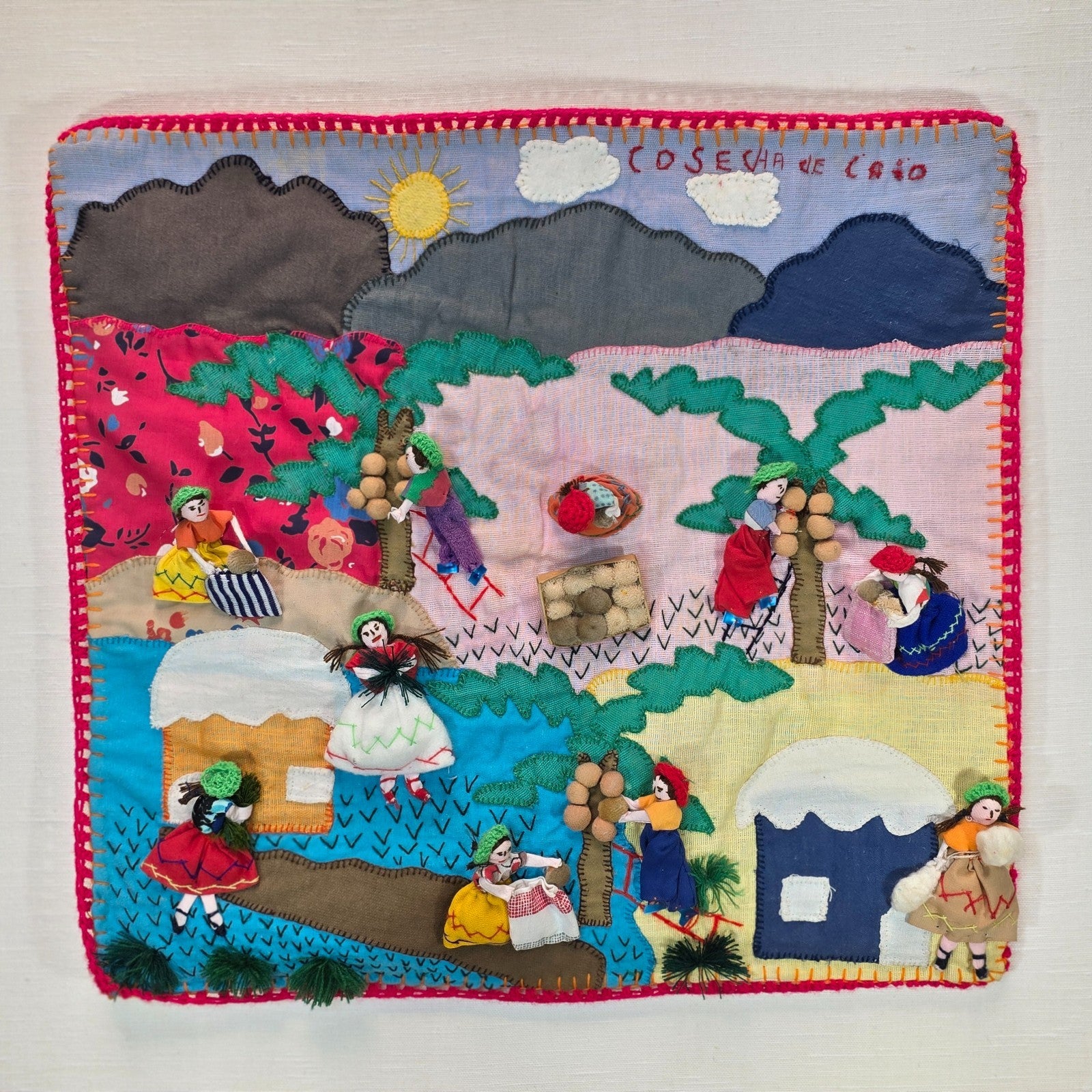 Vintage Peruvian Arpillera Wall Embroidery Textile Art “Cosecha de …” 19"x17"