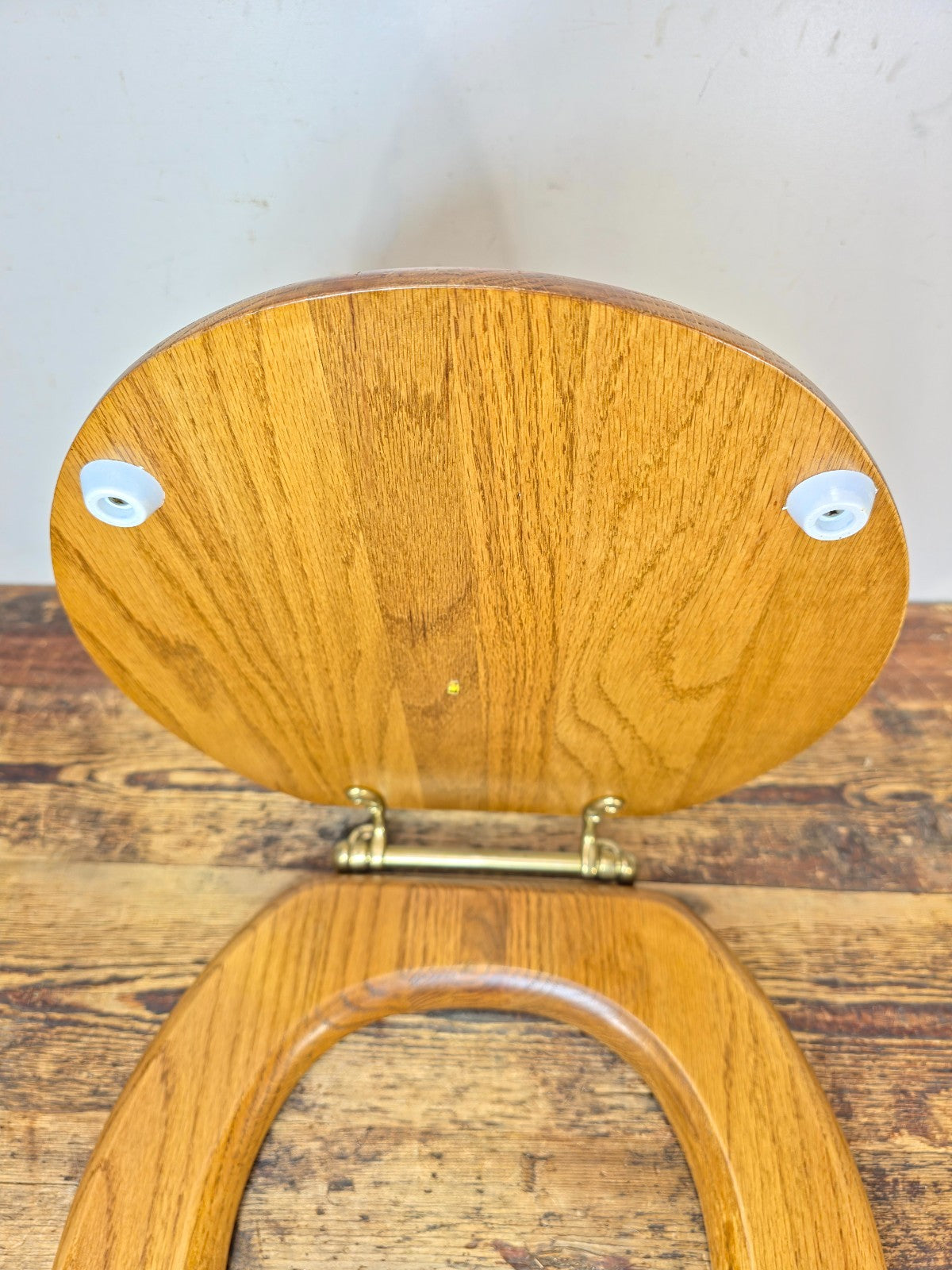 Vintage Solid Oak Toilet Seat w/ Brass Hinges “C.S.” Mark – Made in Taiwan R.O.C