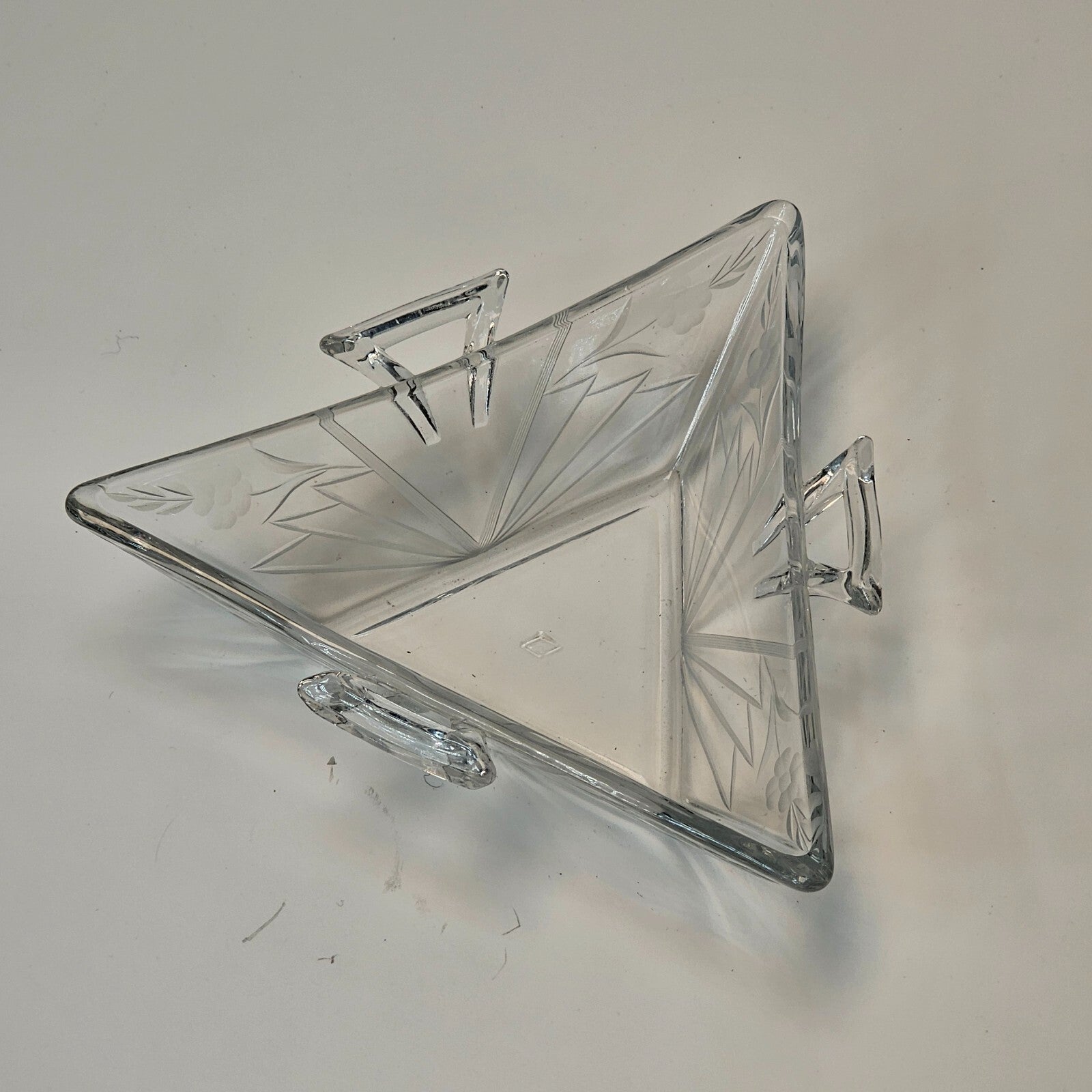 Heisey Etched Floral Clear Mint Dish Tri Handled Triangle Glass Bon Bon No Lid