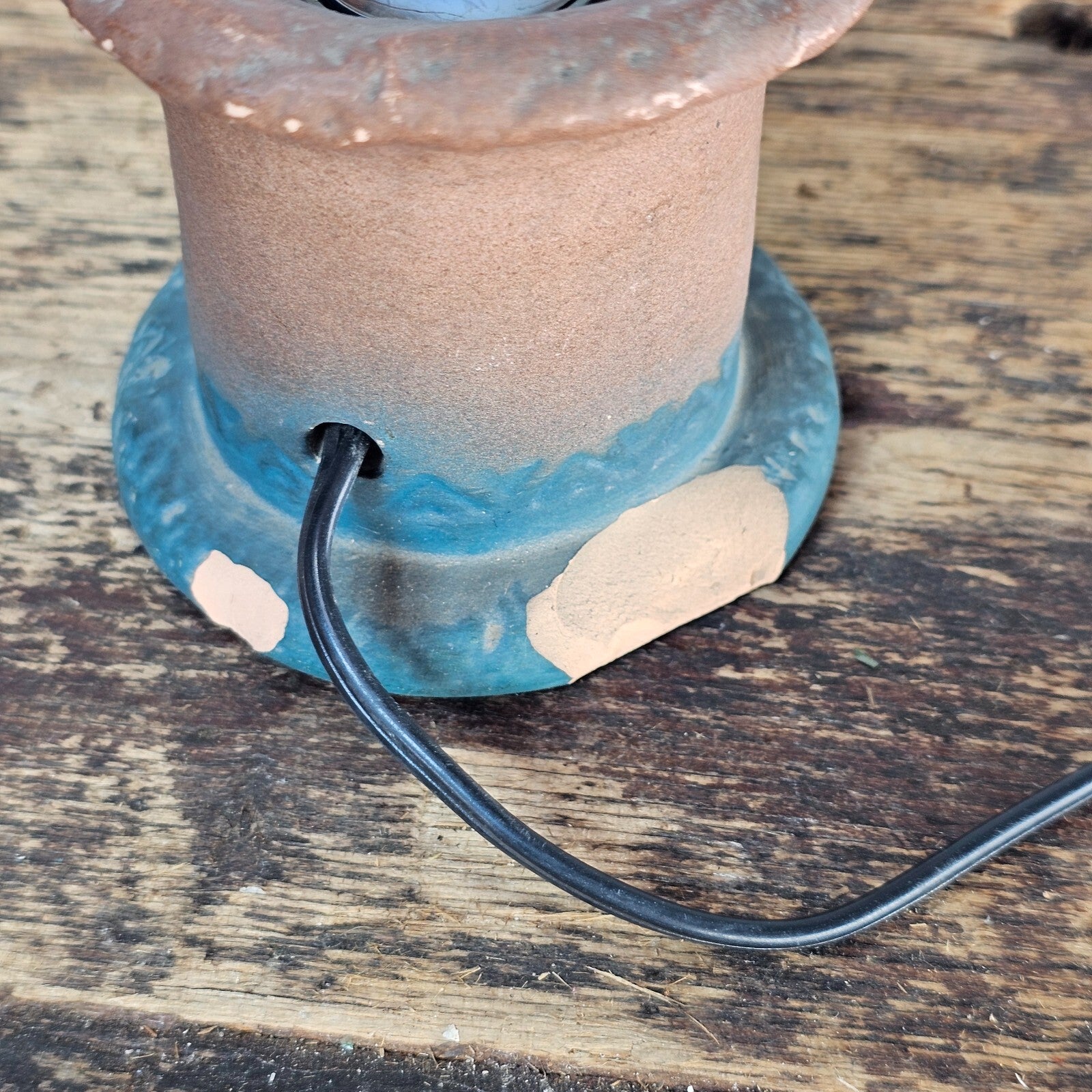 Small Pottery Table Lamp With Metal Shade 8.5"H (Has Damage)