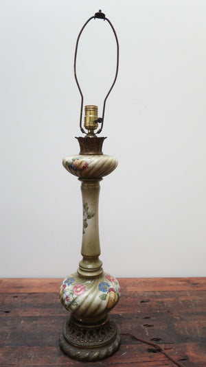 Antique Floral Design Tole and Brass Table Lamp 6.5" x 6.5" x H32.5" (To Harp)