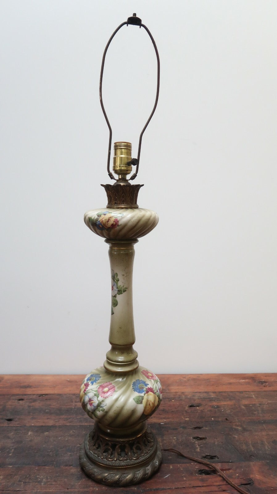 Antique Floral Design Tole and Brass Table Lamp 6.5" x 6.5" x H32.5" (To Harp)
