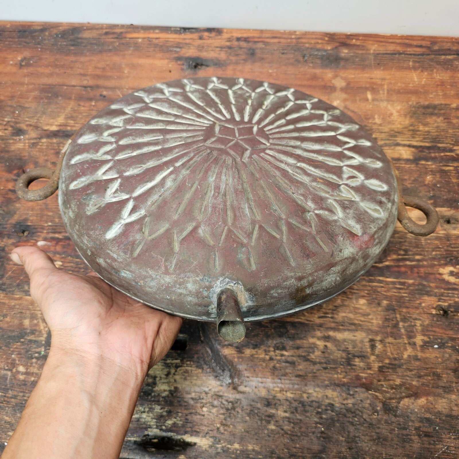 Antique Middle-Eastern Tinned Engraved Copper Canteen Wall Decor