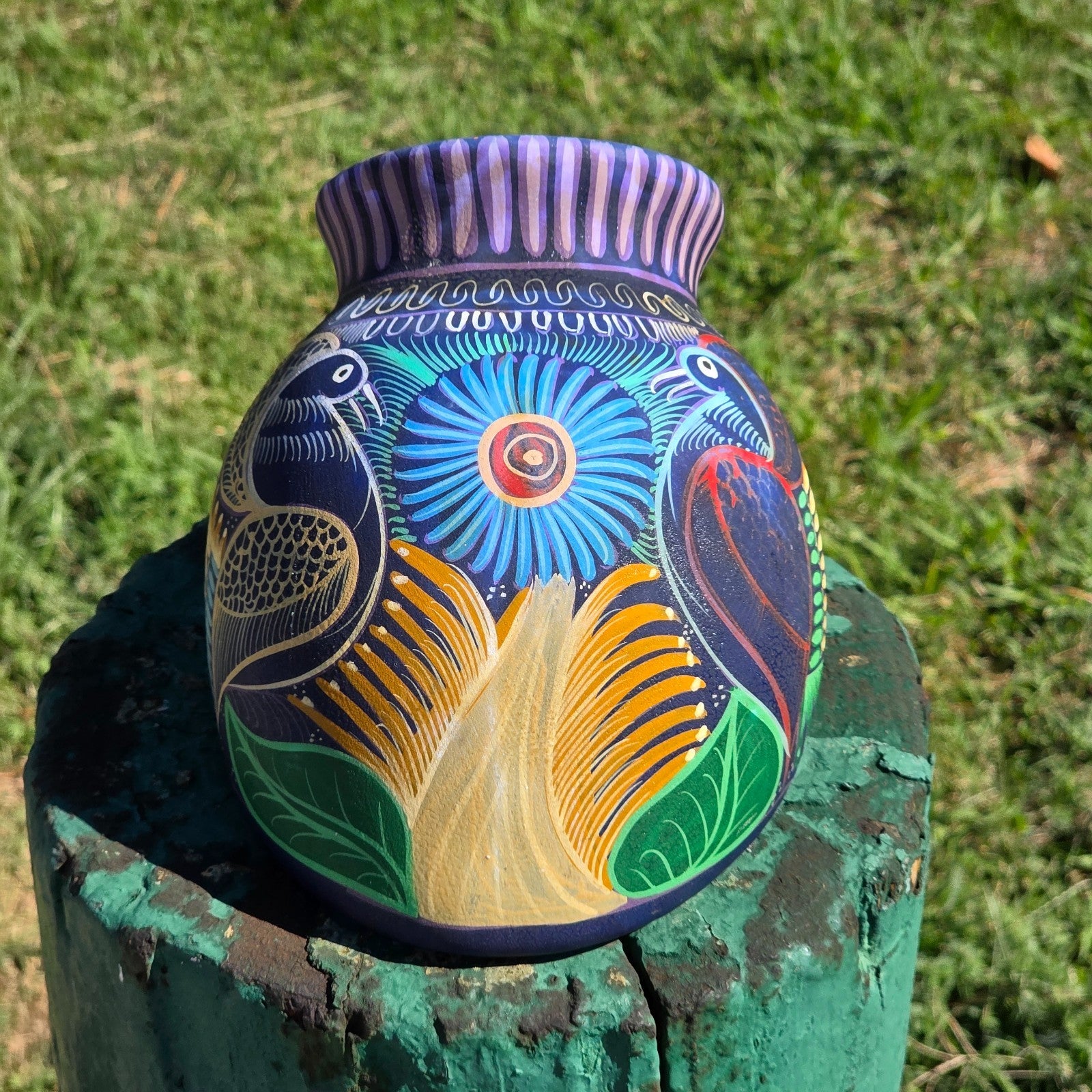 Hand-Painted Jalisco Mexico Pottery Wall Pocket Planter Folk Art Birds & Flowers