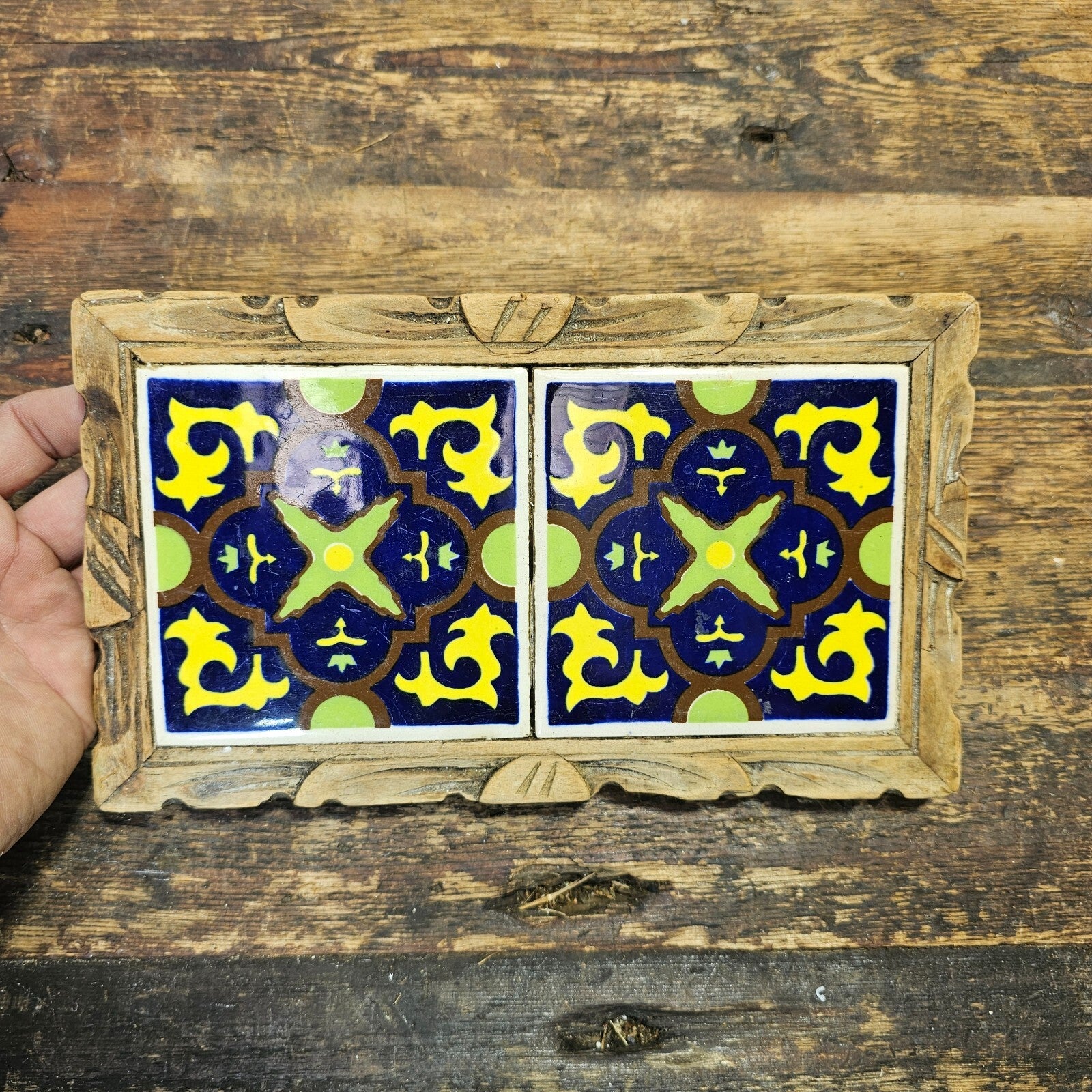 Vintage Lamosa Mexico Tile & Carved Wood Hot Plate Footed Trivet 10"L x 6"W