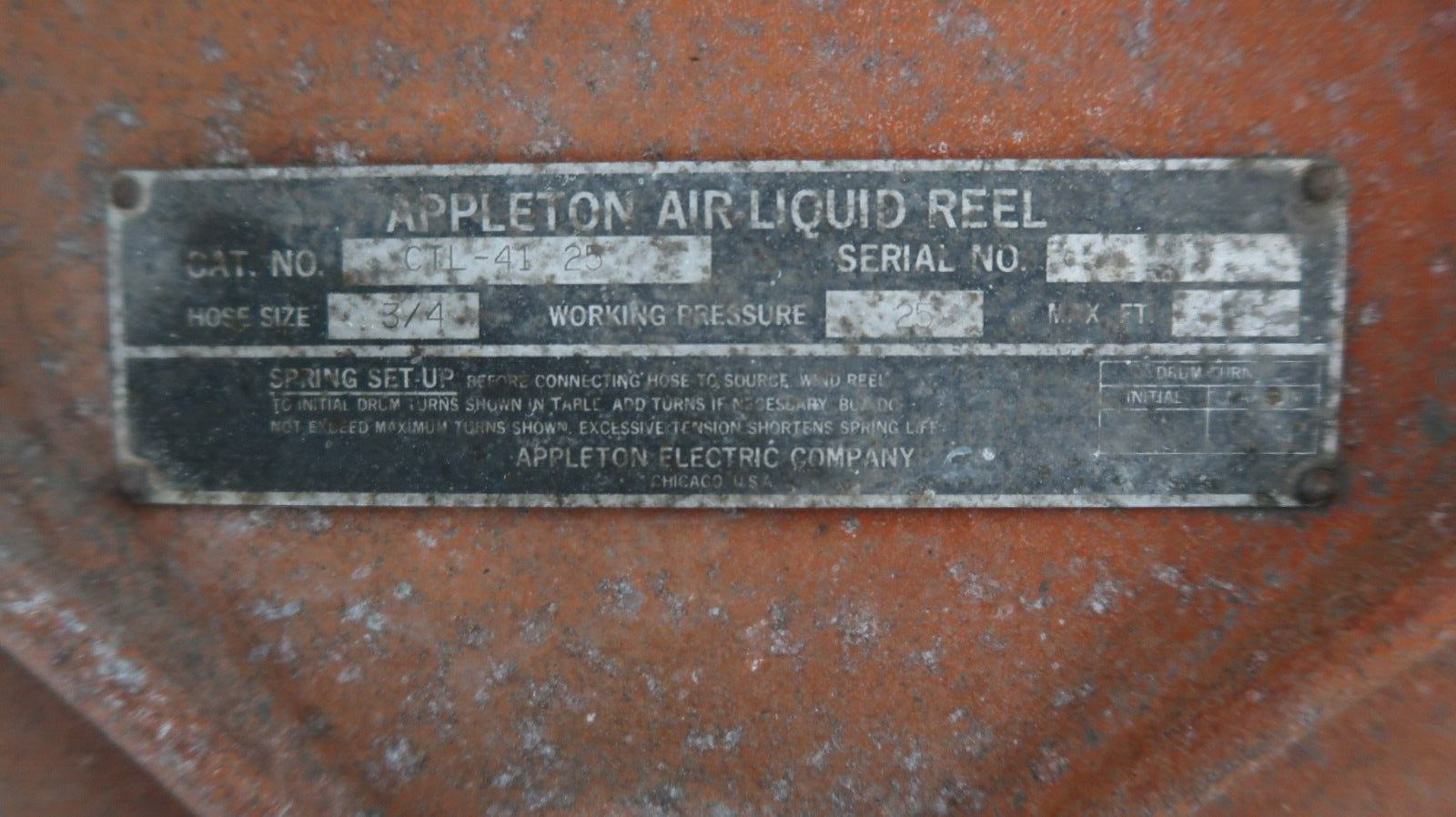 Antique APPLETON AIR LIQUID REEL BP 3788 Orange 1930s Large 99 lbs.!!
