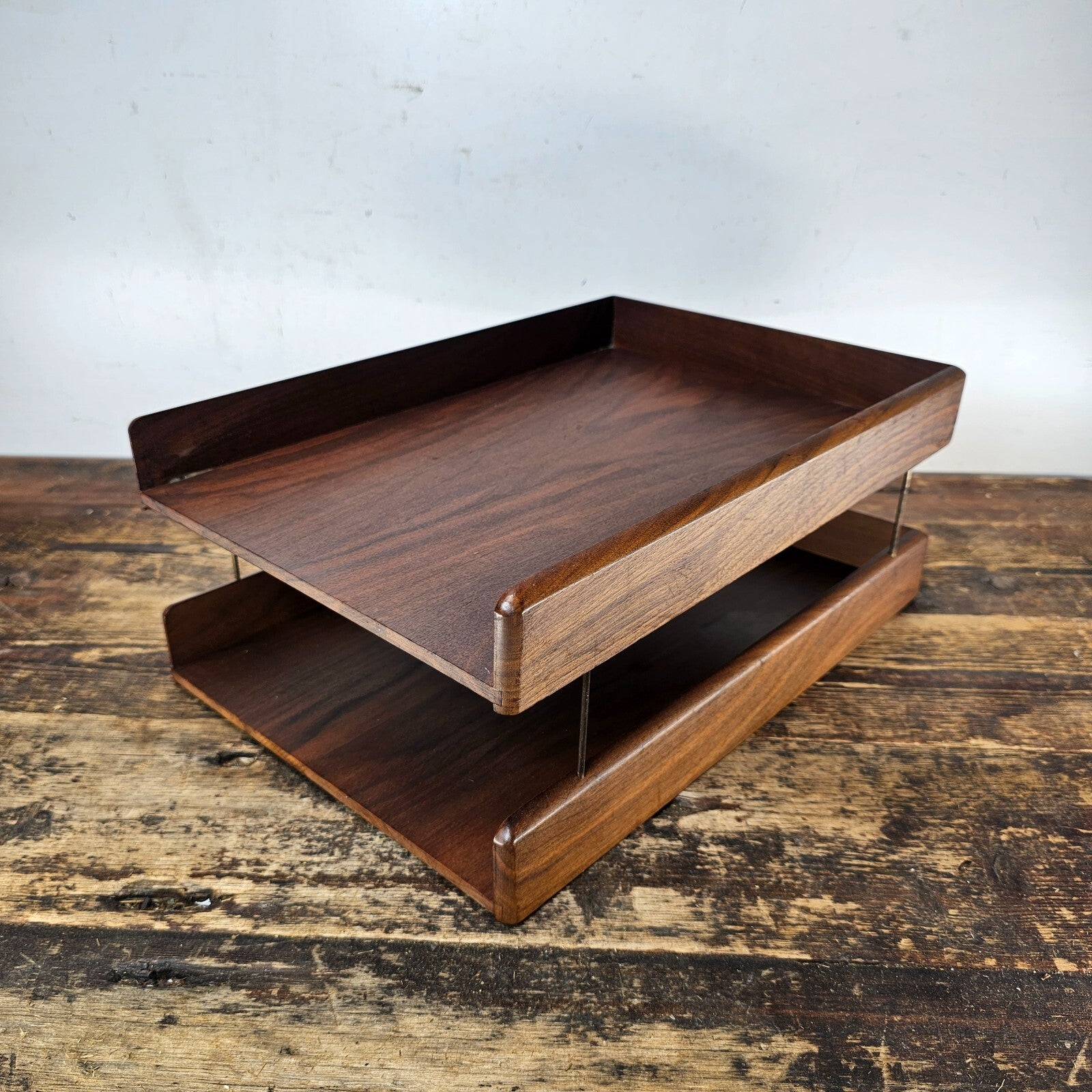 Carver Wood Products Walnut 2-Tier Desk Tray Set Mid-Century Modern