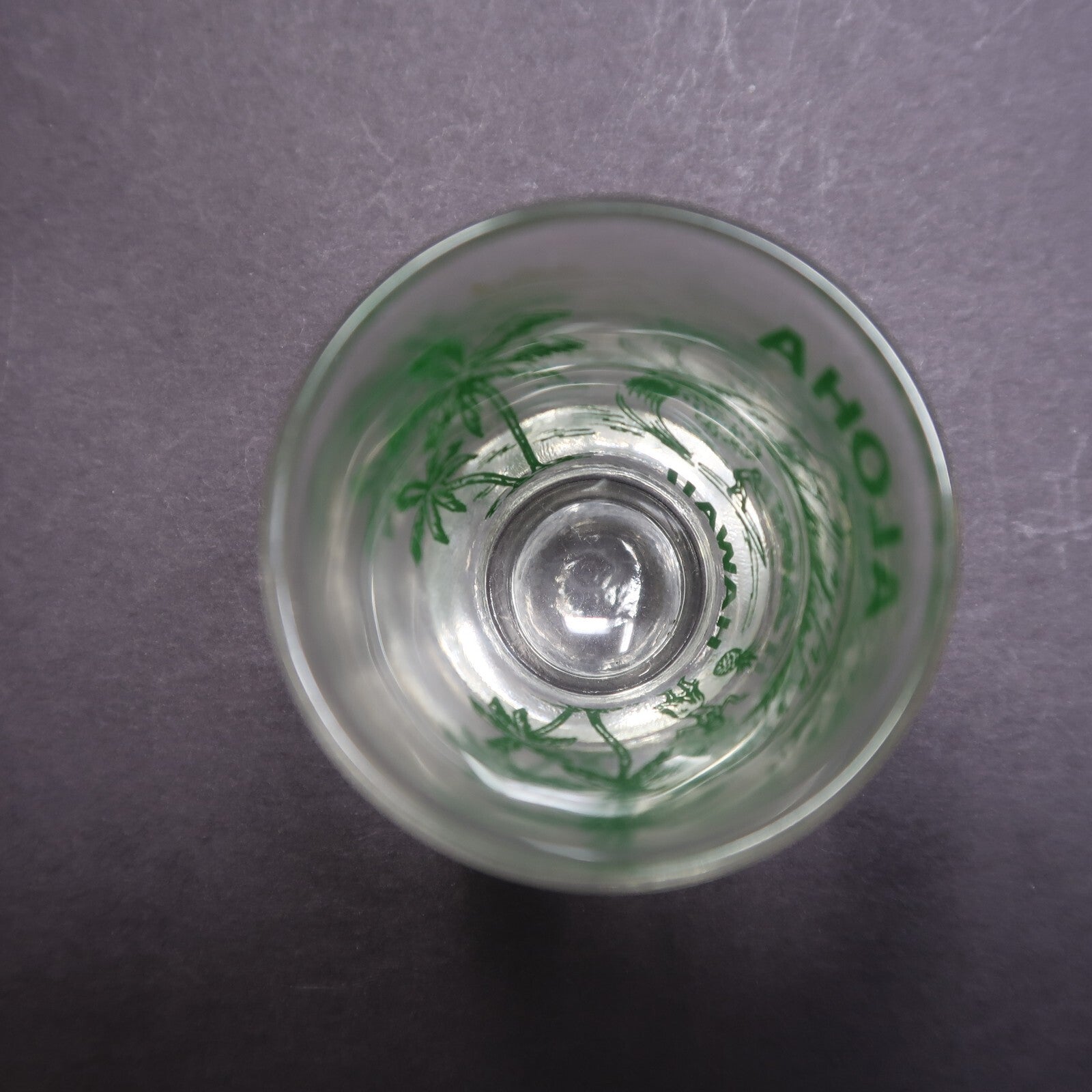 Aloha Hawaii Shot Glass Surfer Hula Girl Palm Trees Green H 2.29"