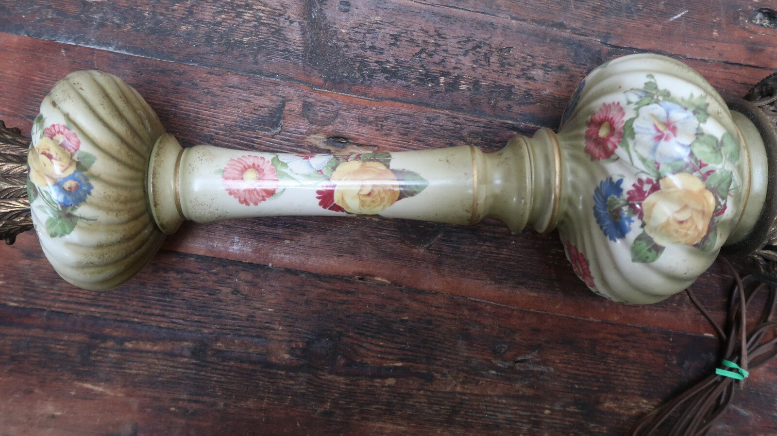 Antique Floral Design Tole and Brass Table Lamp 6.5" x 6.5" x H32.5" (To Harp)