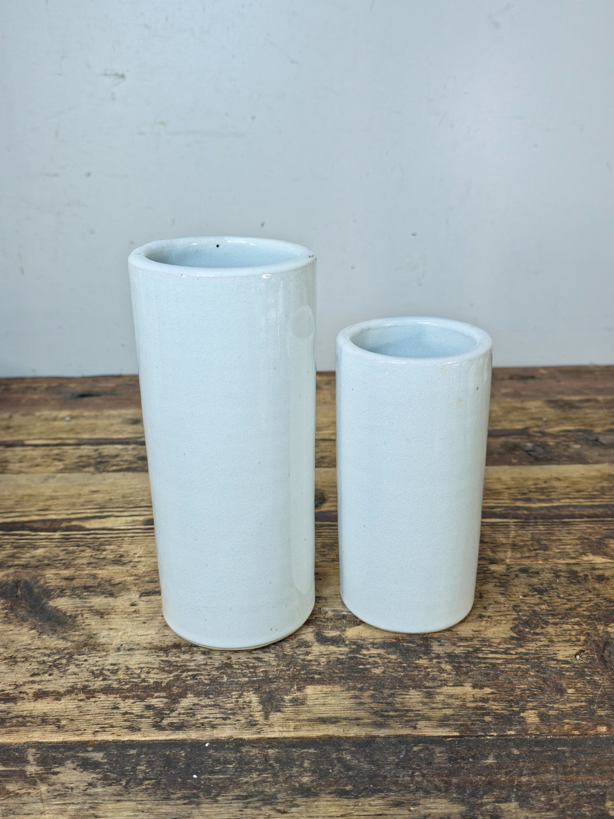 Signed Studio Pottery Vase Pair White Crackle Glaze Cylinders Modernist Style