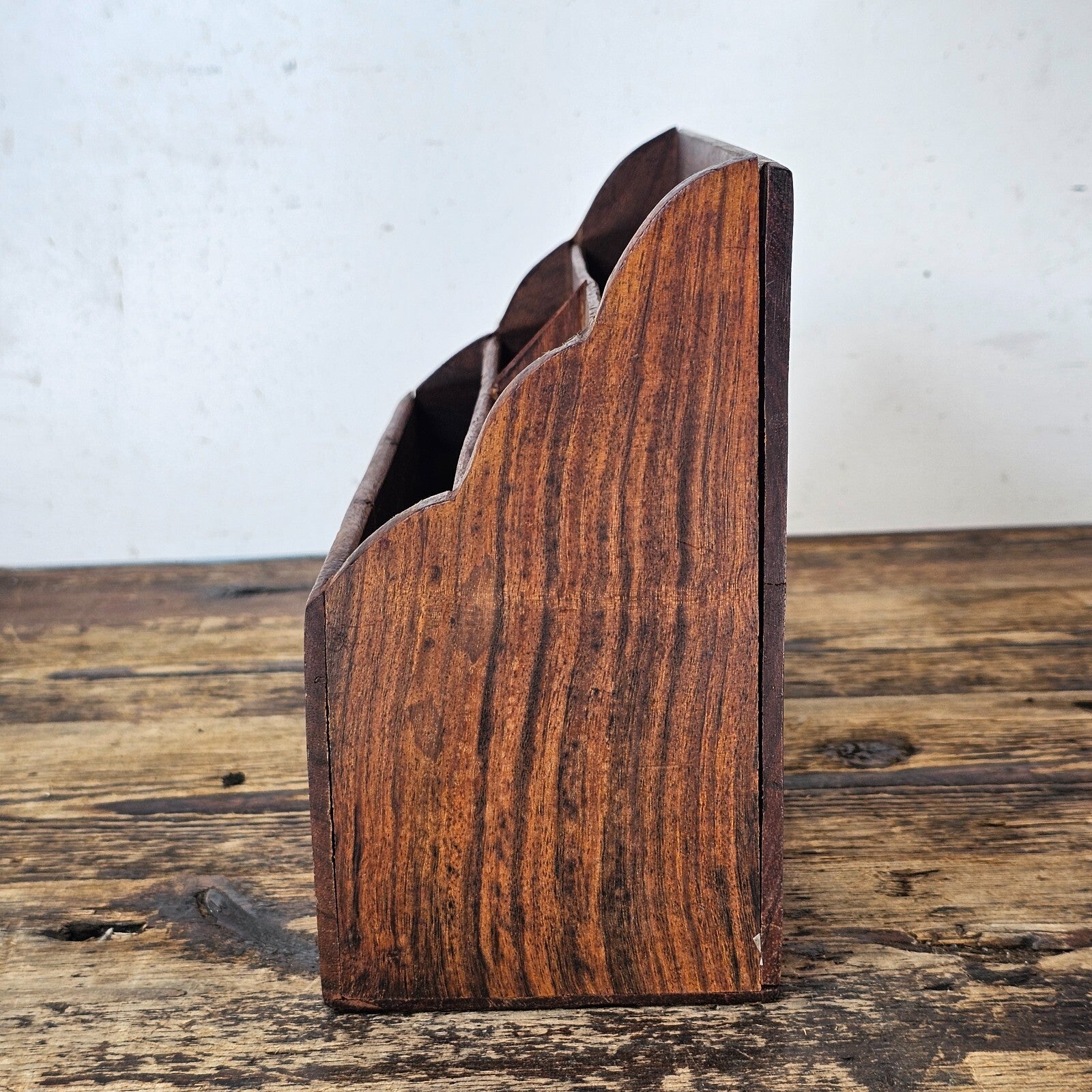 Vintage Indian Floral Wood Carved Desk Letter Stationery Rack