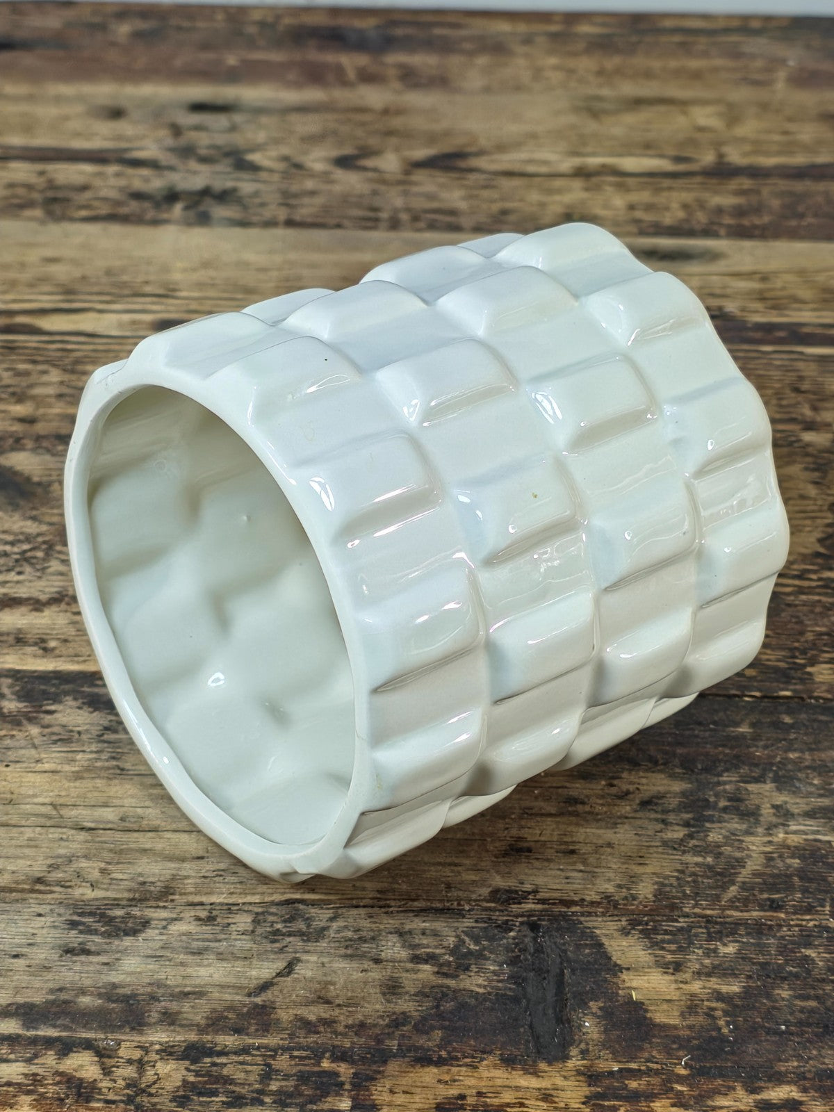 White Geometric Ceramic Planter 5.5" — Modern Cube Relief Design Pot