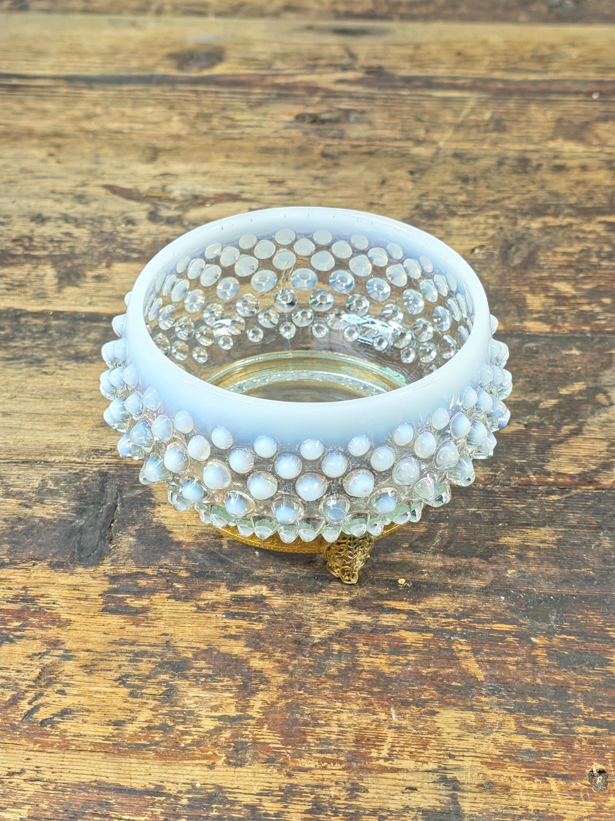 Vintage Opalescent Hobnail Glass Bowl with Fixed Ornate Brass Stand