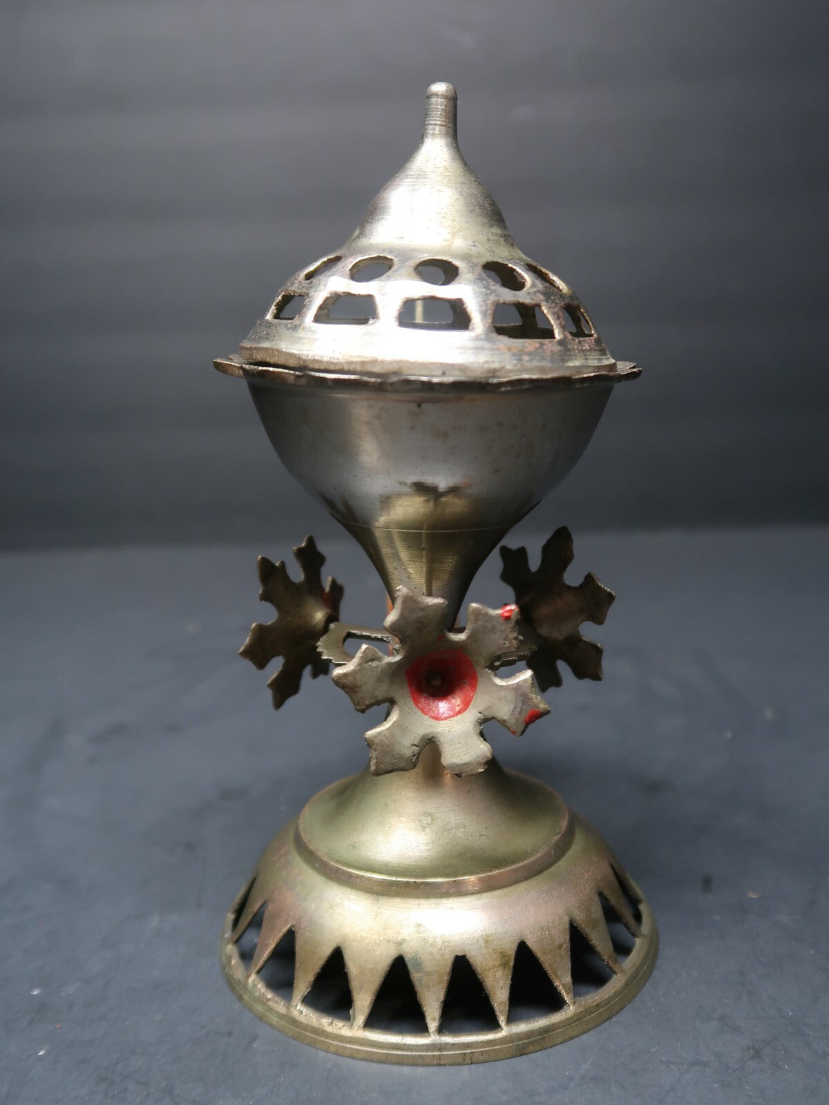 Antique India Metal Incense Burner With Wooden Red Handle 7" Tall