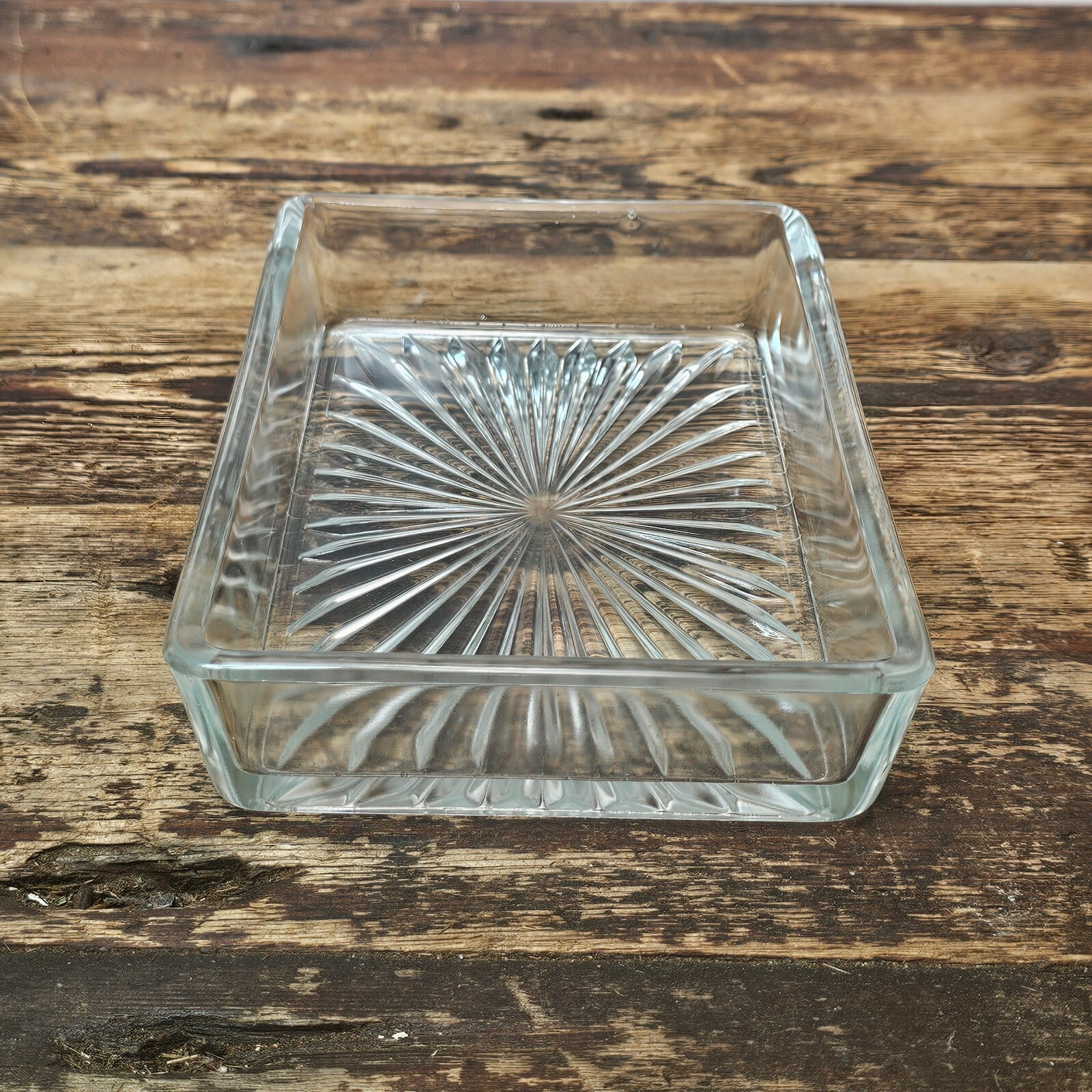 Vintage Rectangular Cut Glass Starburst Bottom Dish Trinket