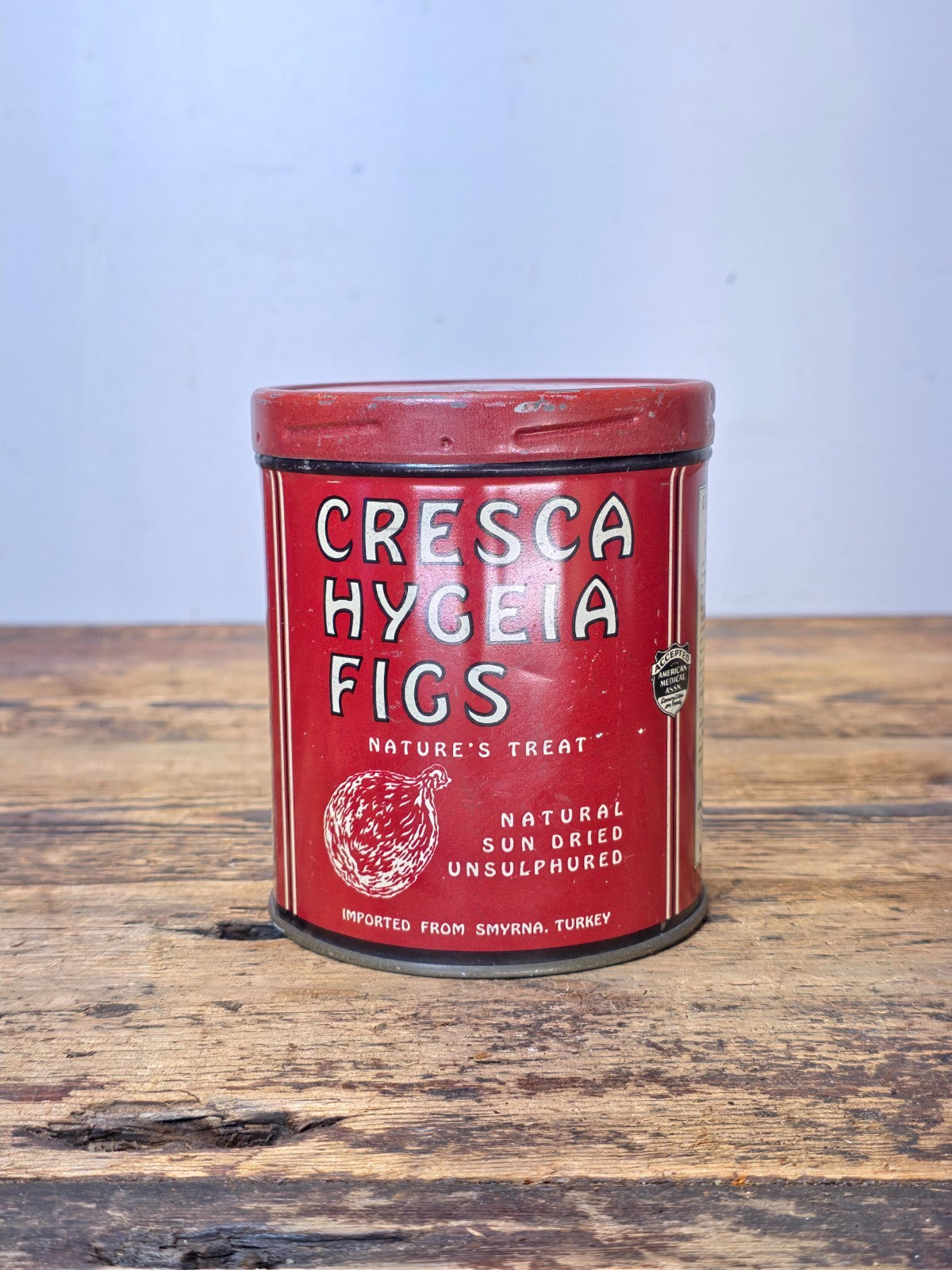 Vintage 1940s Cresca Hygeia Figs Lithographed Tin Can, Smyrna Turkey 1 lb