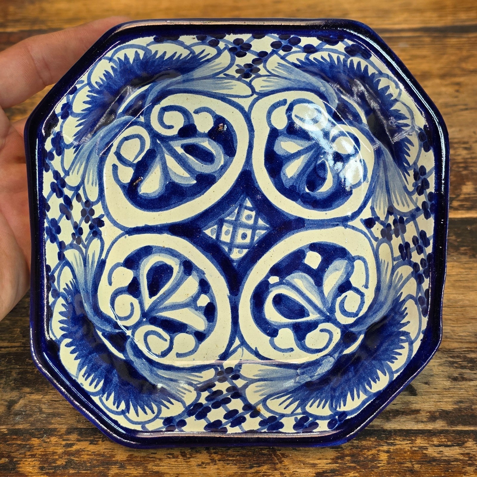 Talavera Pottery Bowl - Blue & White Octagonal Dish Signed R. VENEGAS
