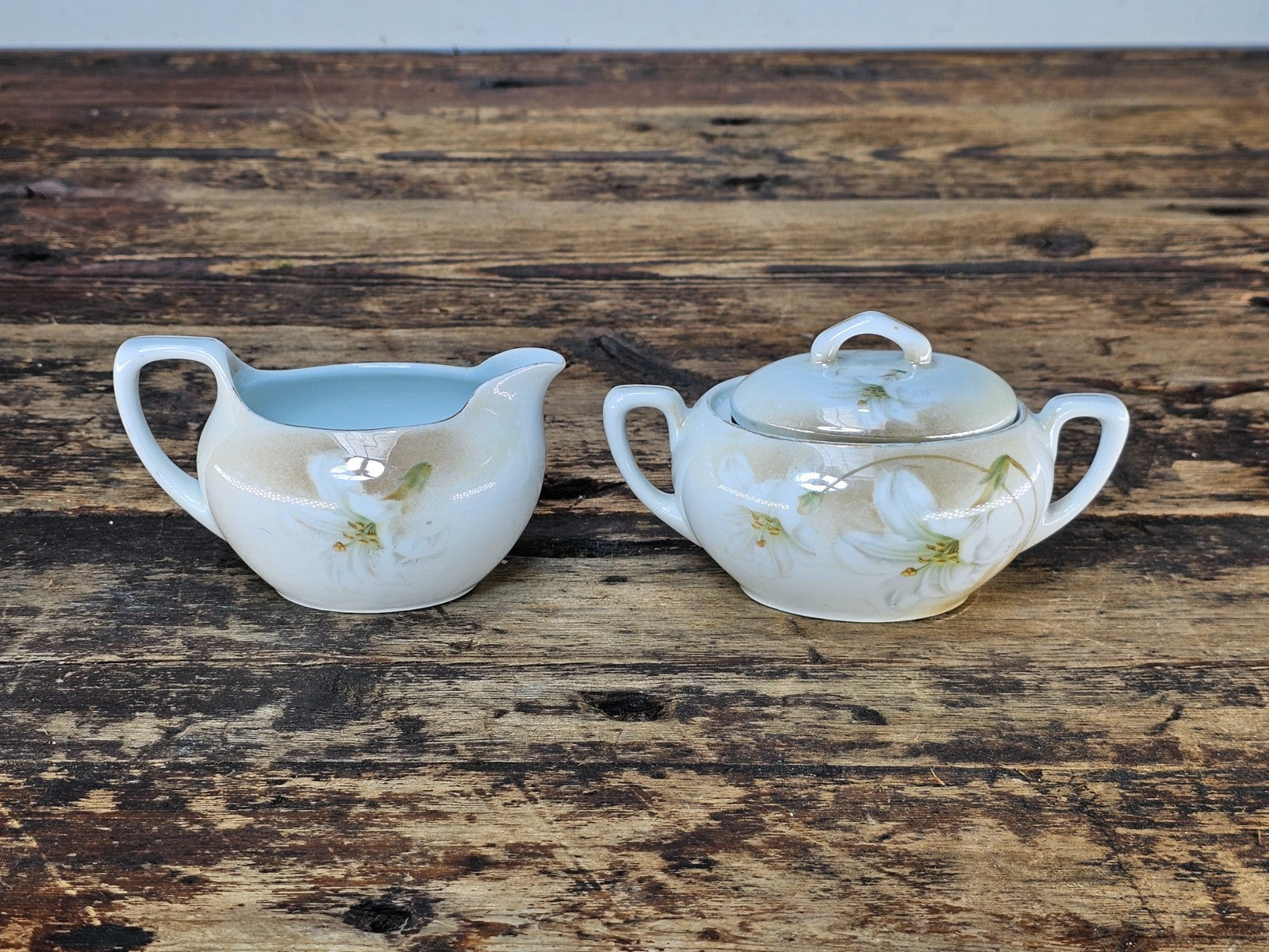 Antique RS Germany Creamer & Sugar Bowl Set - White Lilies, c. 1910s-20s