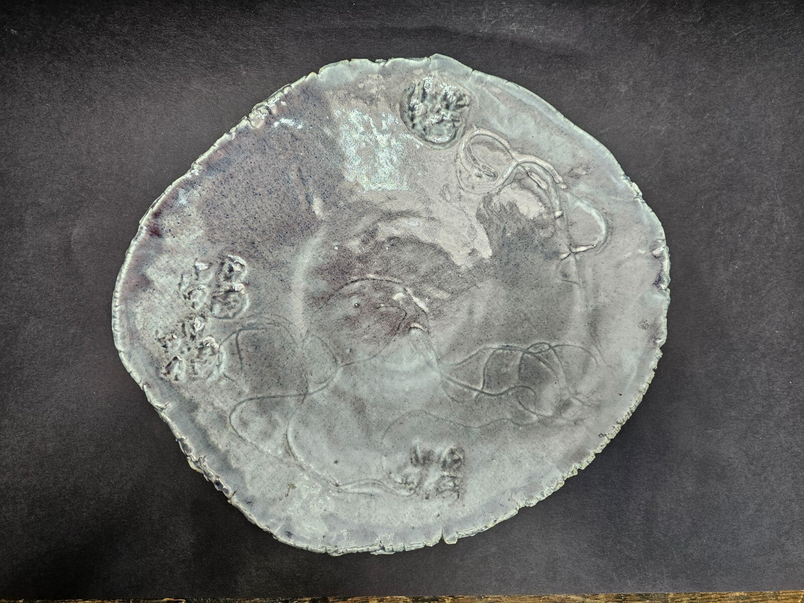 Vintage Studio Art Pottery Japanese Style Gray Plate Floral Design 12.5" x 13.5"