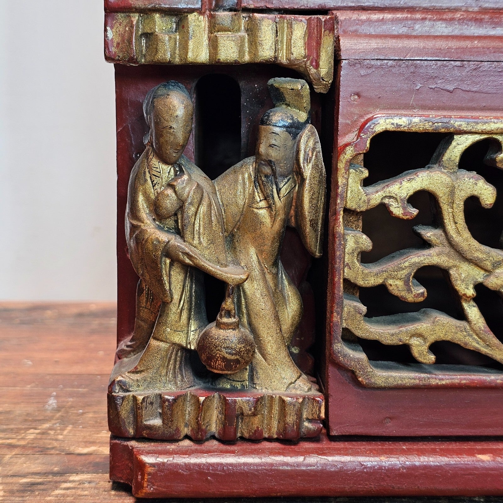 Antique Chinese Red & Gilt Carved Wood Chest Box