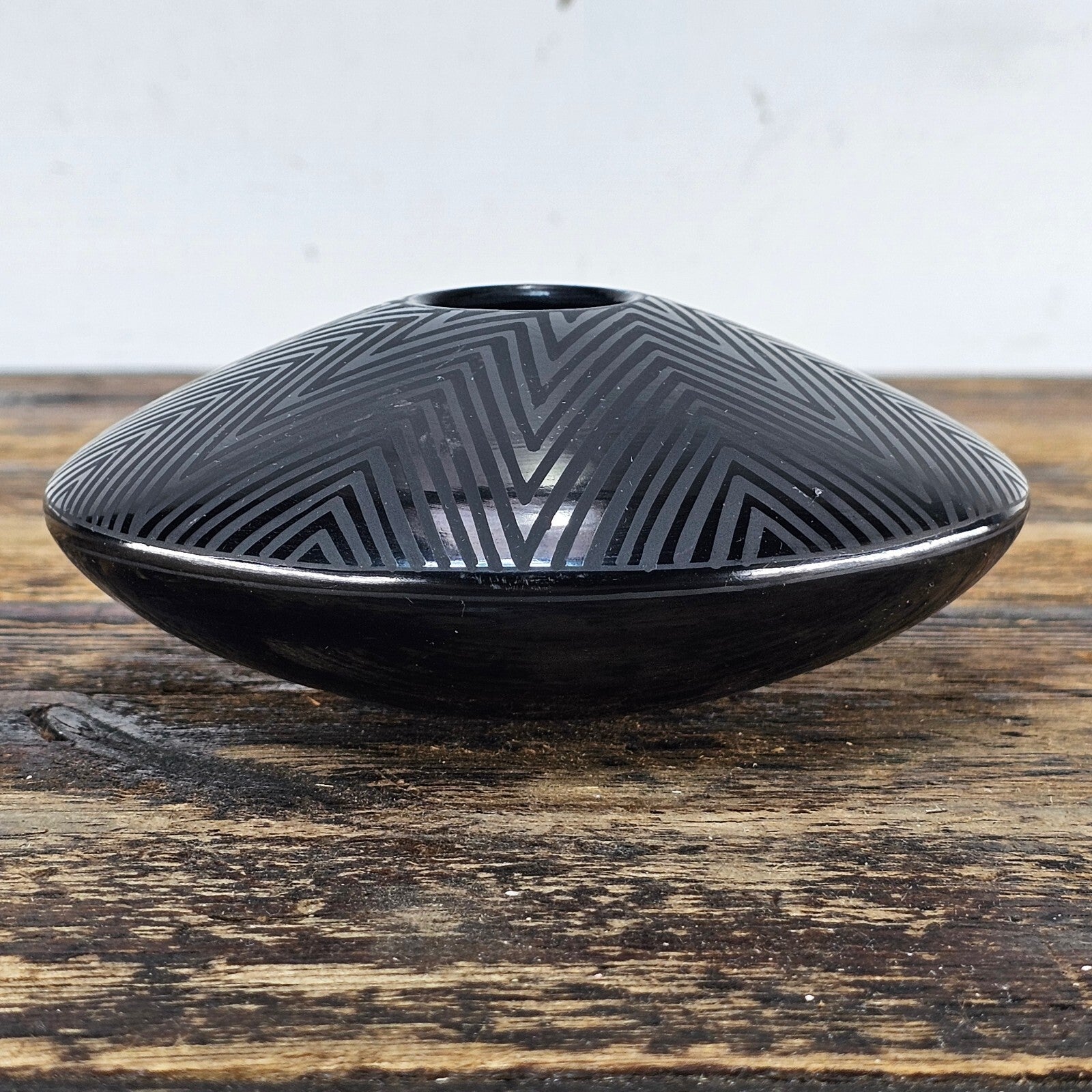 Mata Ortiz Geometric Black Pottery by Octavio Andrew 5"Diam x 2"H