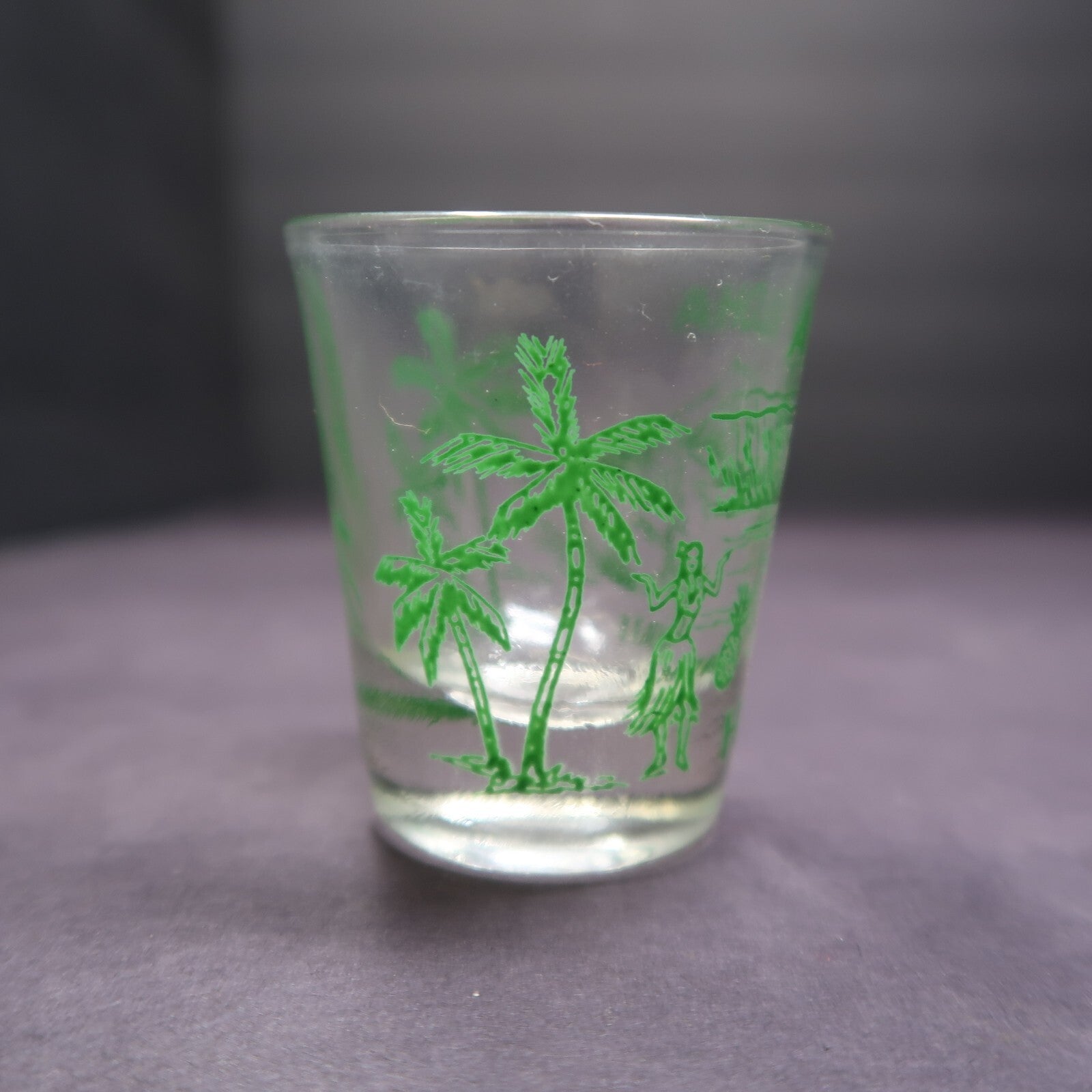 Aloha Hawaii Shot Glass Surfer Hula Girl Palm Trees Green H 2.29"