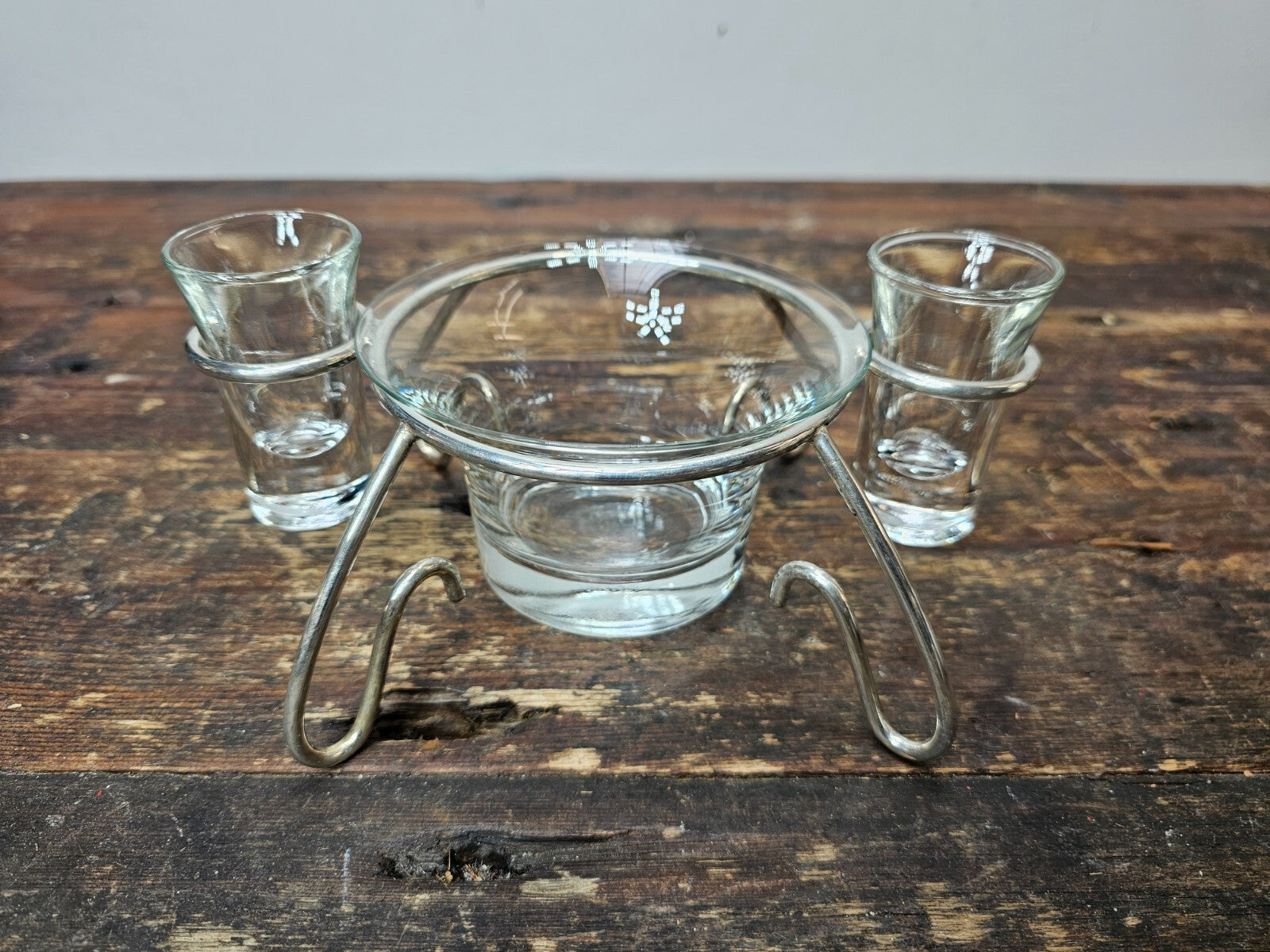 Mid Century Modern Anchor Hocking Glass Set Silver Plated Holder Stand