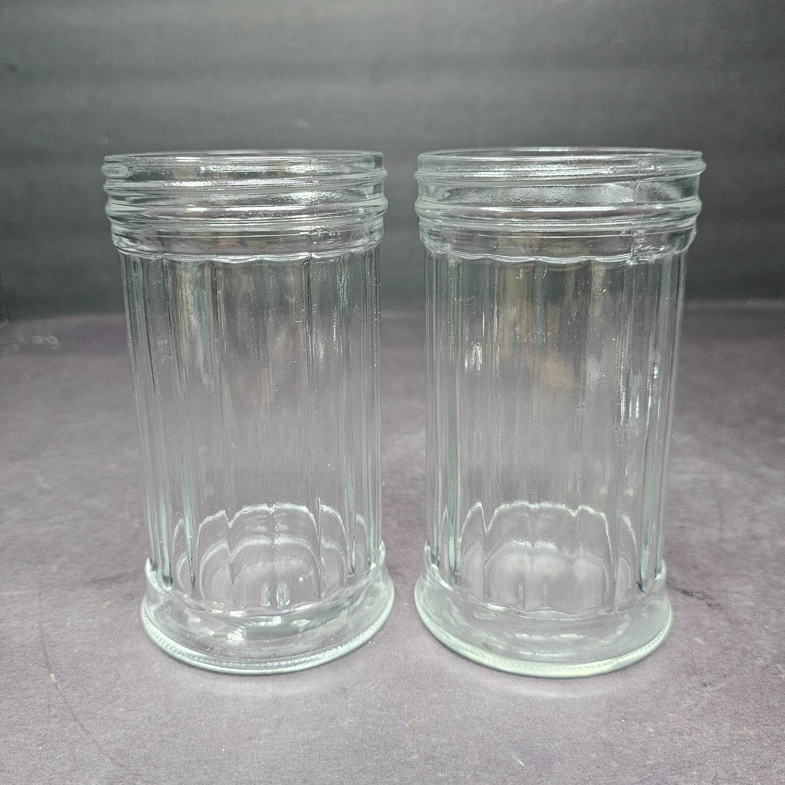 Set of 2 Side Flap Top Sugar Dispenser Glass Jar Vintage 3" D x 5.5" H
