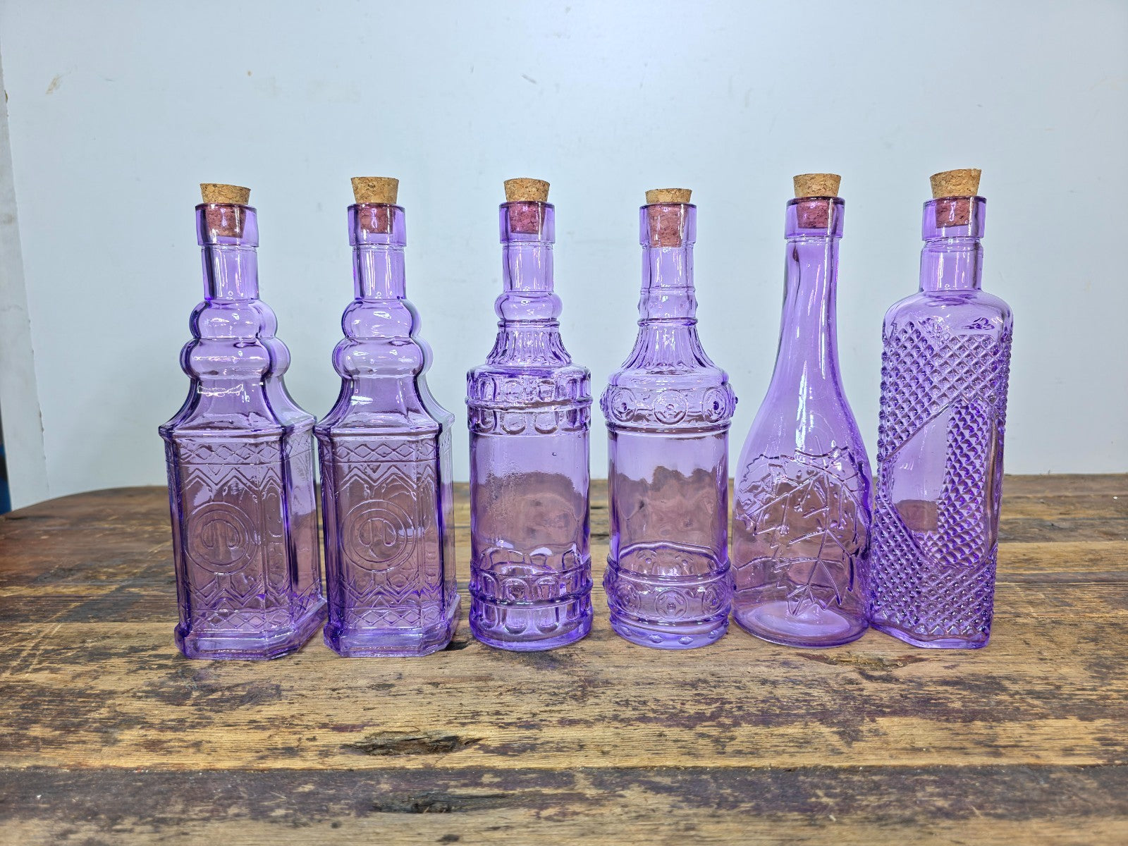 Vintage-Style Purple Pressed Glass Decorative Bottles with Corks - Set of 6