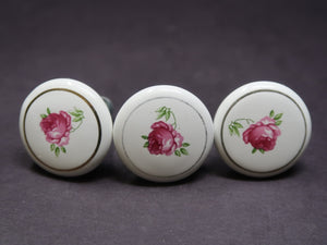 Set of 3 Vintage Round White Porcelain Cabinet Drawer Pulls Rose Japan Made (B)