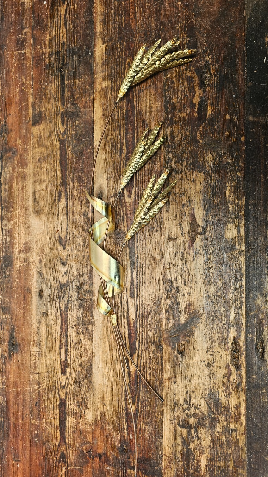 Vintage 70's Brass Metal Wheat Wall Hanging Art 29"H