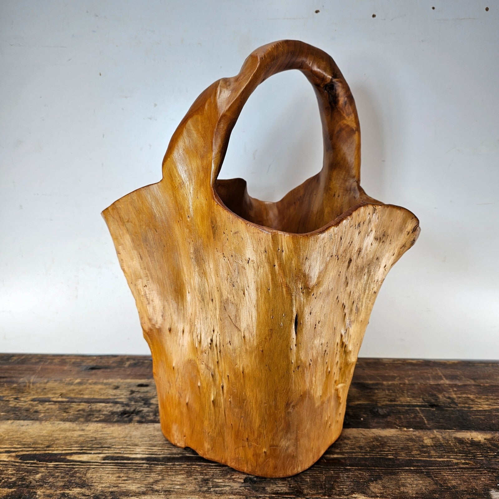 Large Wood Burl Root Hand Carved Bowl Basket with Handle 13.5" x 13.5" x 19.5"H