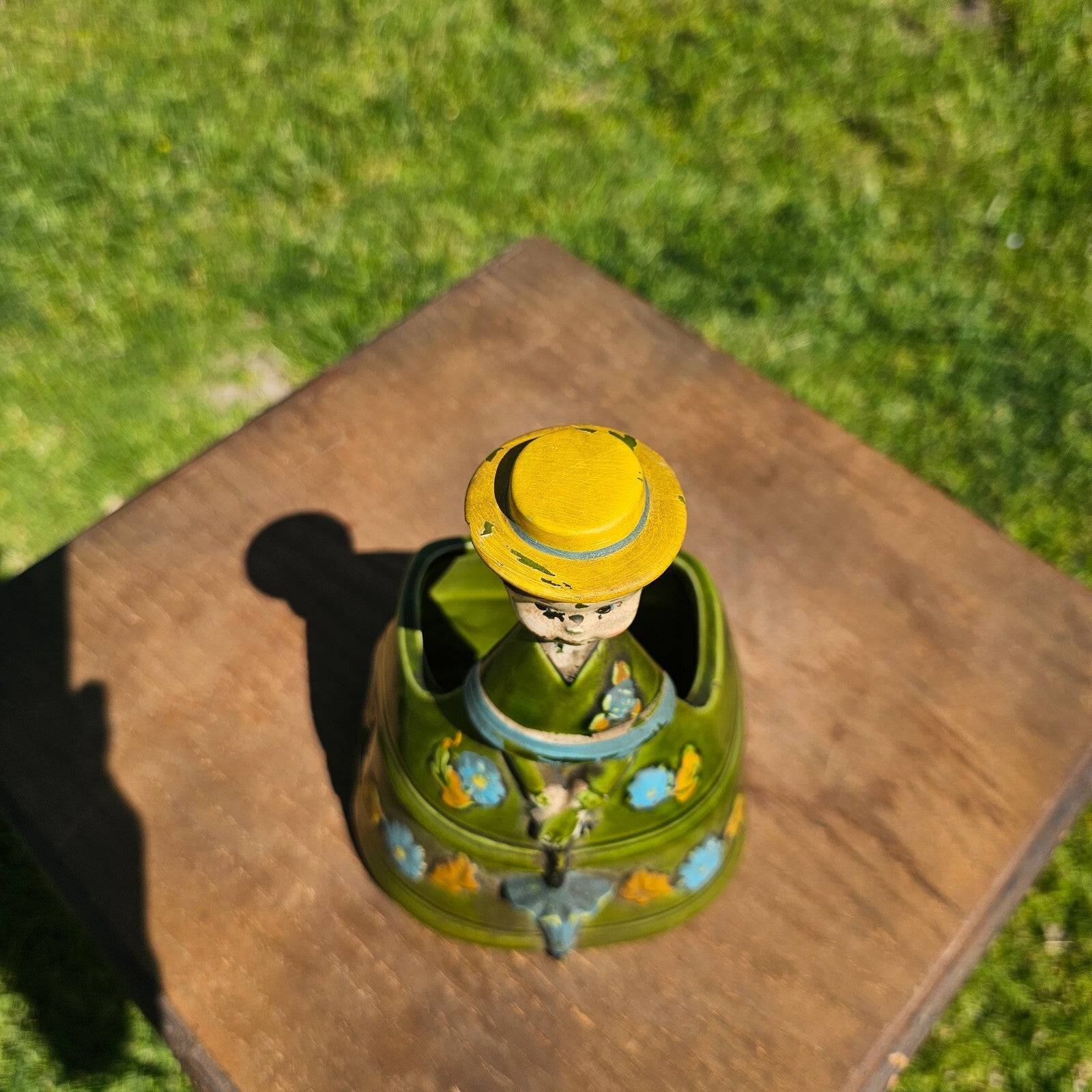 Vintage Ceramic Planter Women With Yellow Hat Holding Umbrella Lego Japan