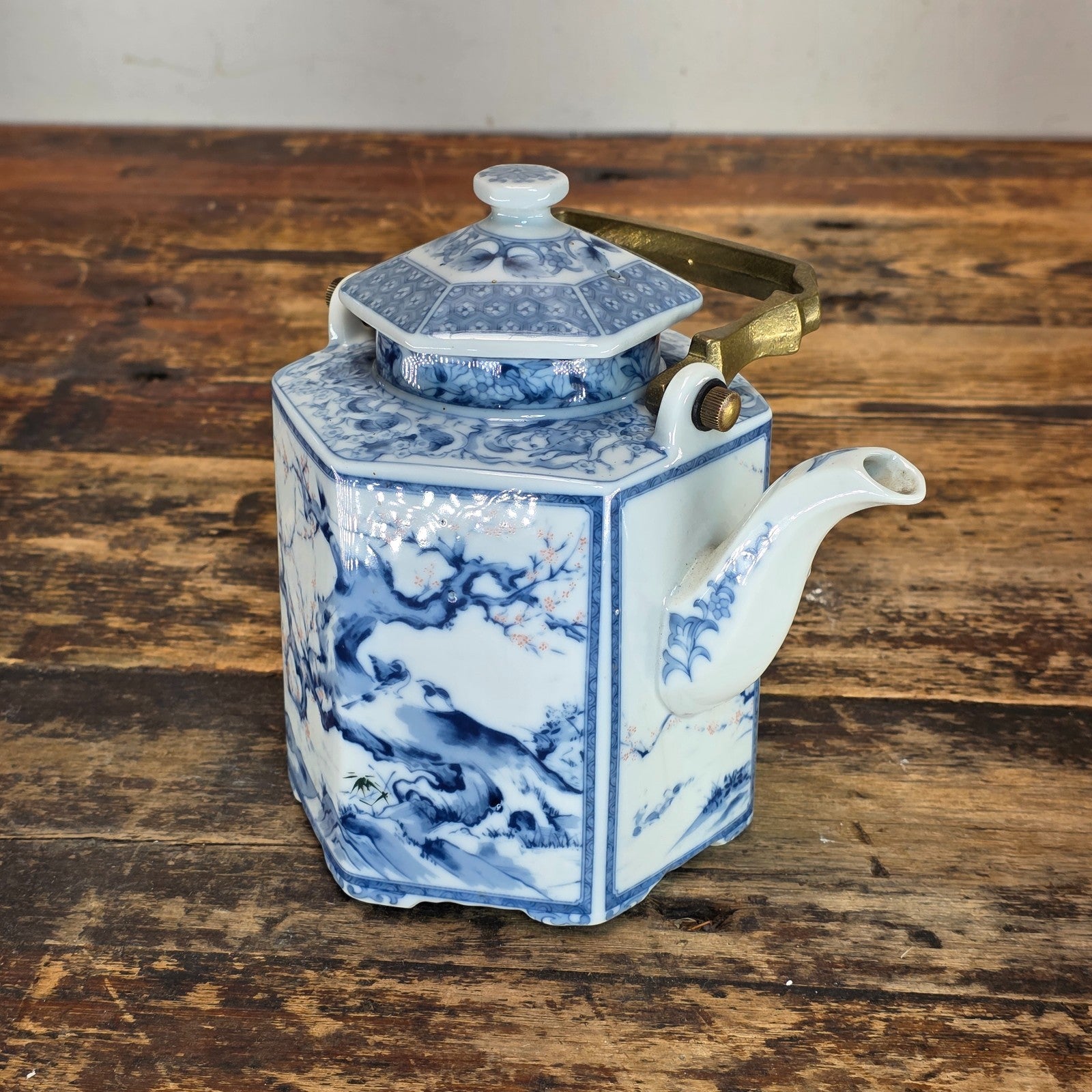 Vintage Dolphin China Hexagonal Teapot - Japanese Porcelain, Arita Style