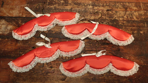 Set of 4 Vintage Red Satin Padded Hangers With Ruffled Lace (A)