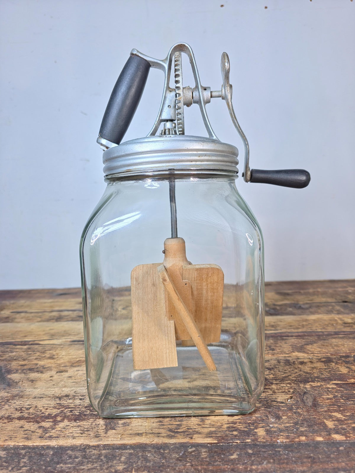 Vintage 4-Quart Glass Butter Churn with Hand-Crank Gear — FC Marked