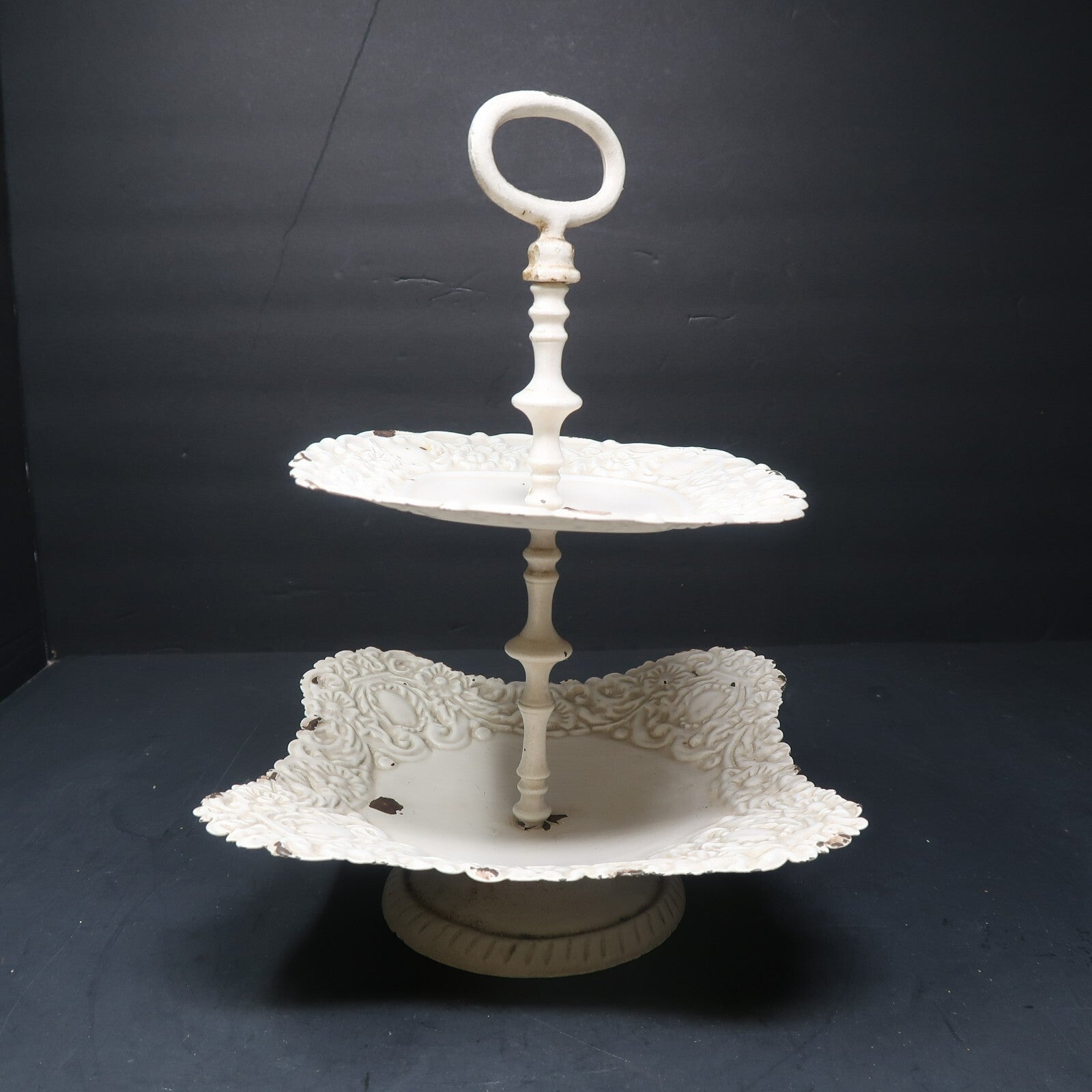 Two Tier Rustic Metal Serving Tray Farmhouse Floral Shabby Chic H 11.5"